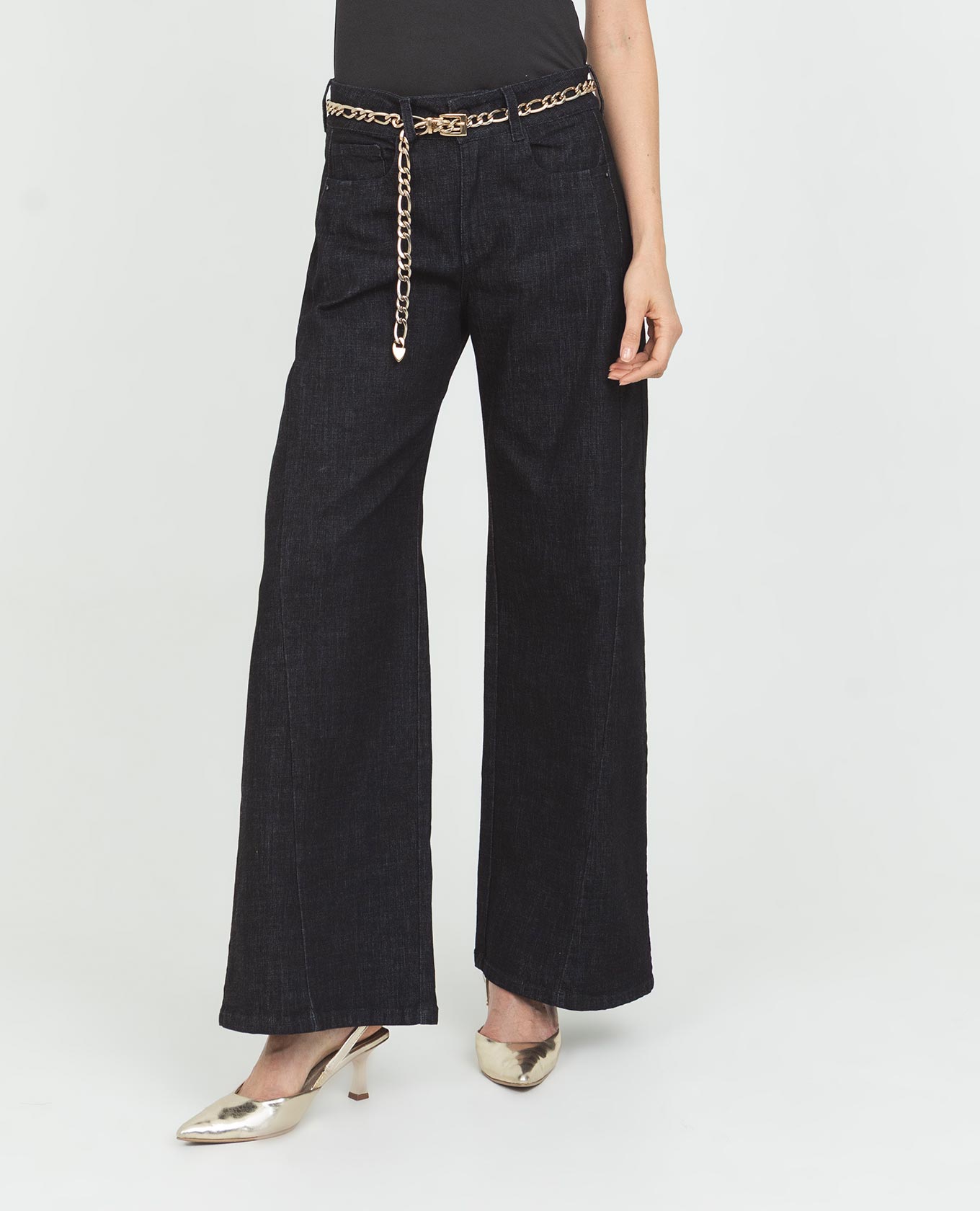 JEAN WIDE LEG PARA MUJER CON CORTES EN COSTADOS TONO OSCURO CINCO BOLSILLOS Adrissa