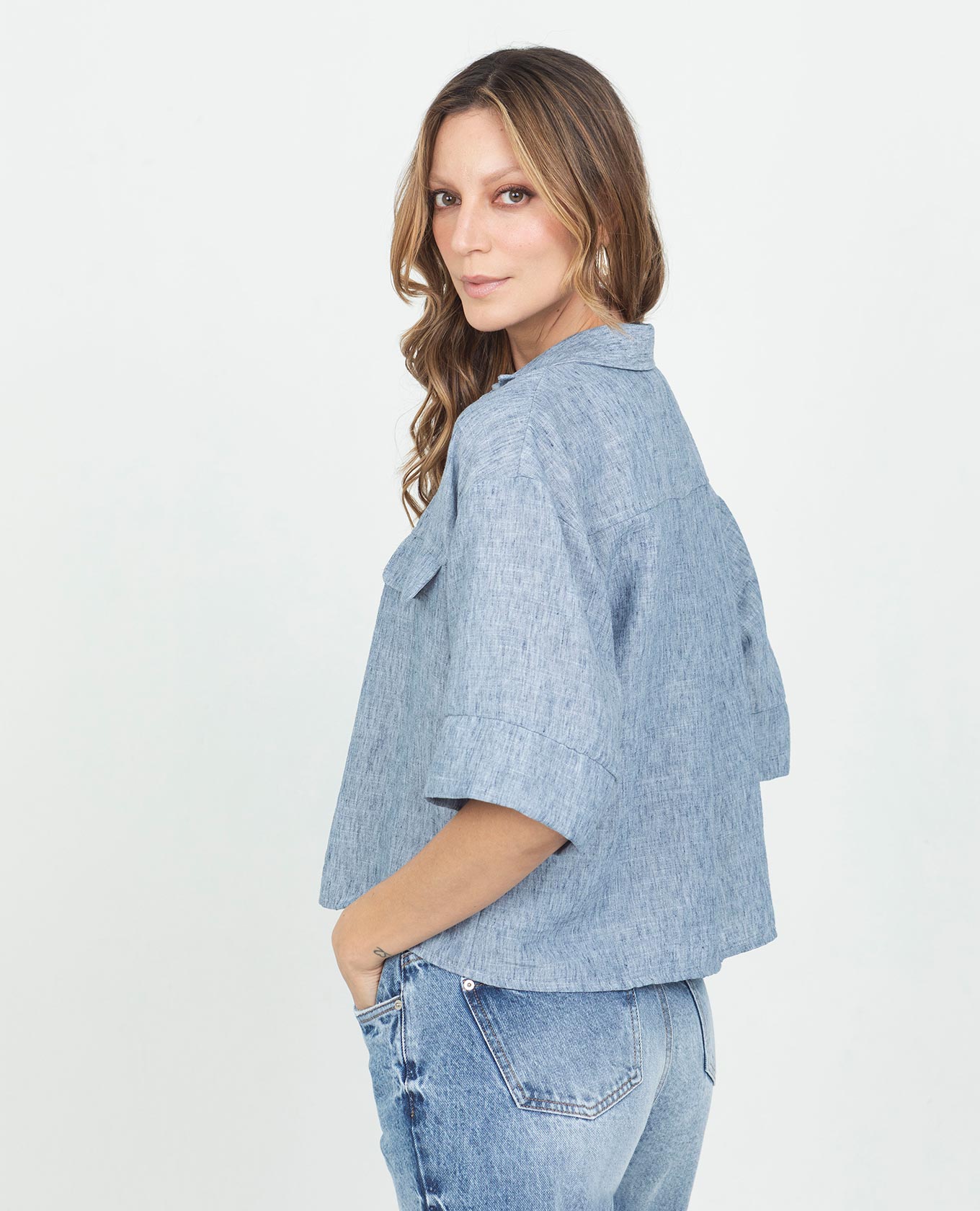 CAMISA MANGA AL CODO PARA MUJER CON TAPAS EN TELA CON EFECTO MELANGE Adrissa | Ropa para mujer