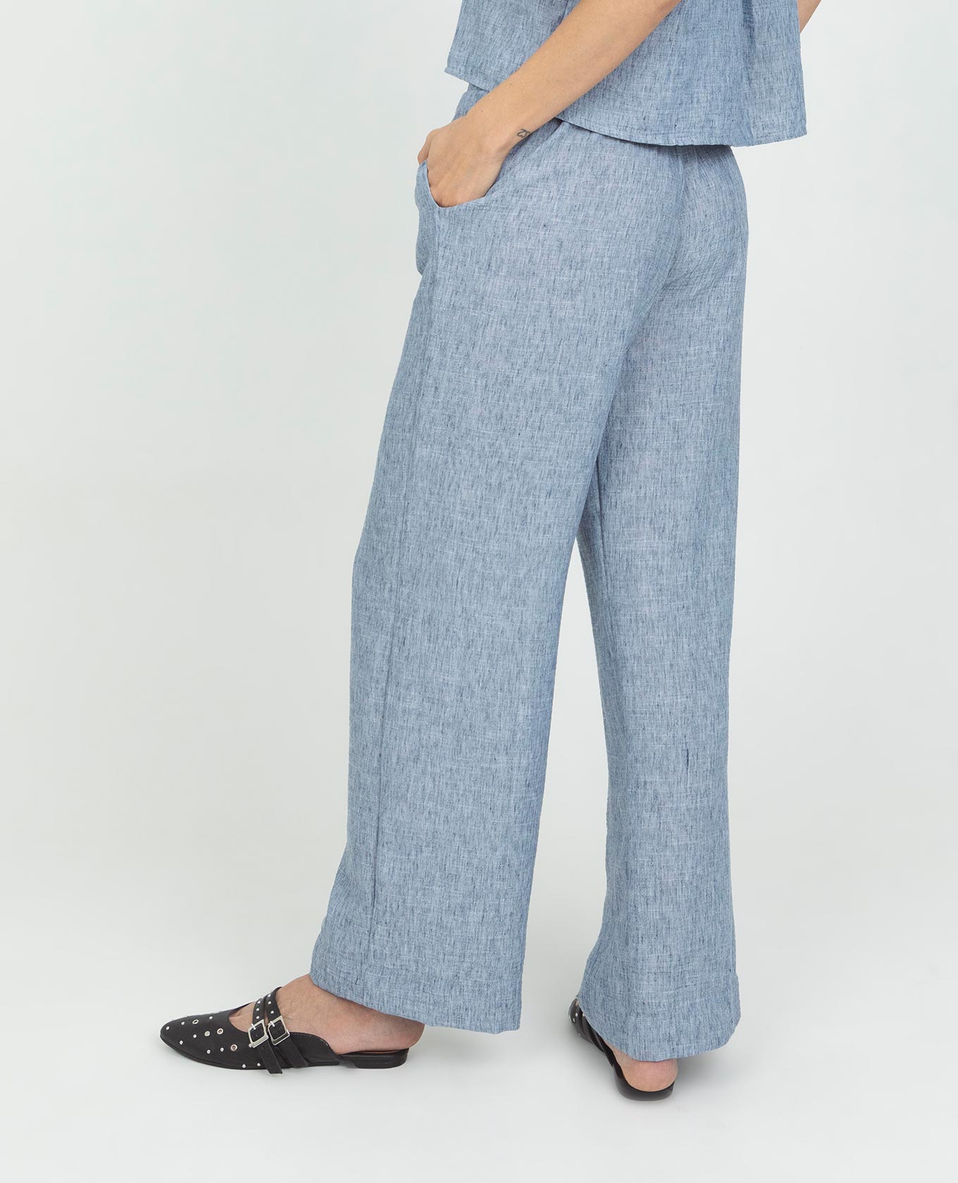 PANTALON WIDE LEG PARA MUJER PRETINA TRASERA CON ELÁSTICO EN TELA MELANGE Adrissa | Ropa para mujer Pantalones