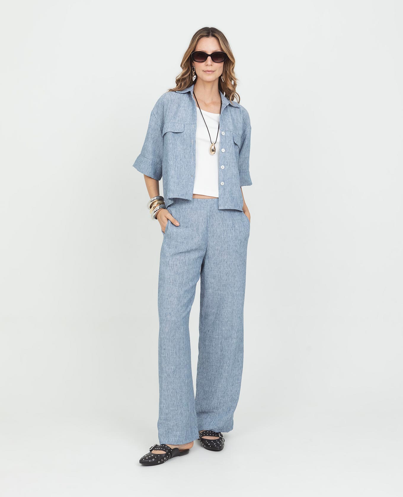 PANTALON WIDE LEG PARA MUJER PRETINA TRASERA CON ELÁSTICO EN TELA MELANGE Adrissa | Ropa para mujer Pantalones