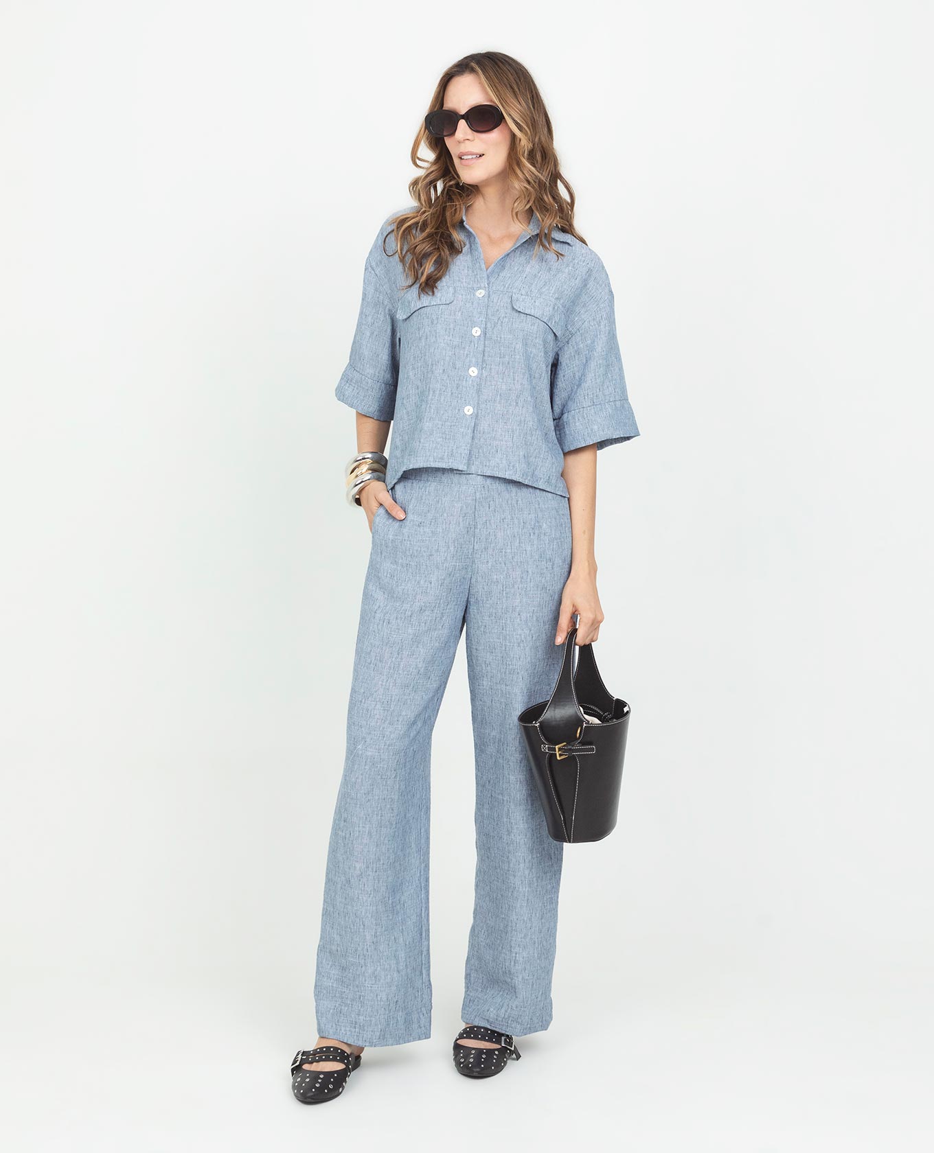 PANTALON WIDE LEG PARA MUJER PRETINA TRASERA CON ELÁSTICO EN TELA MELANGE Adrissa | Ropa para mujer Pantalones