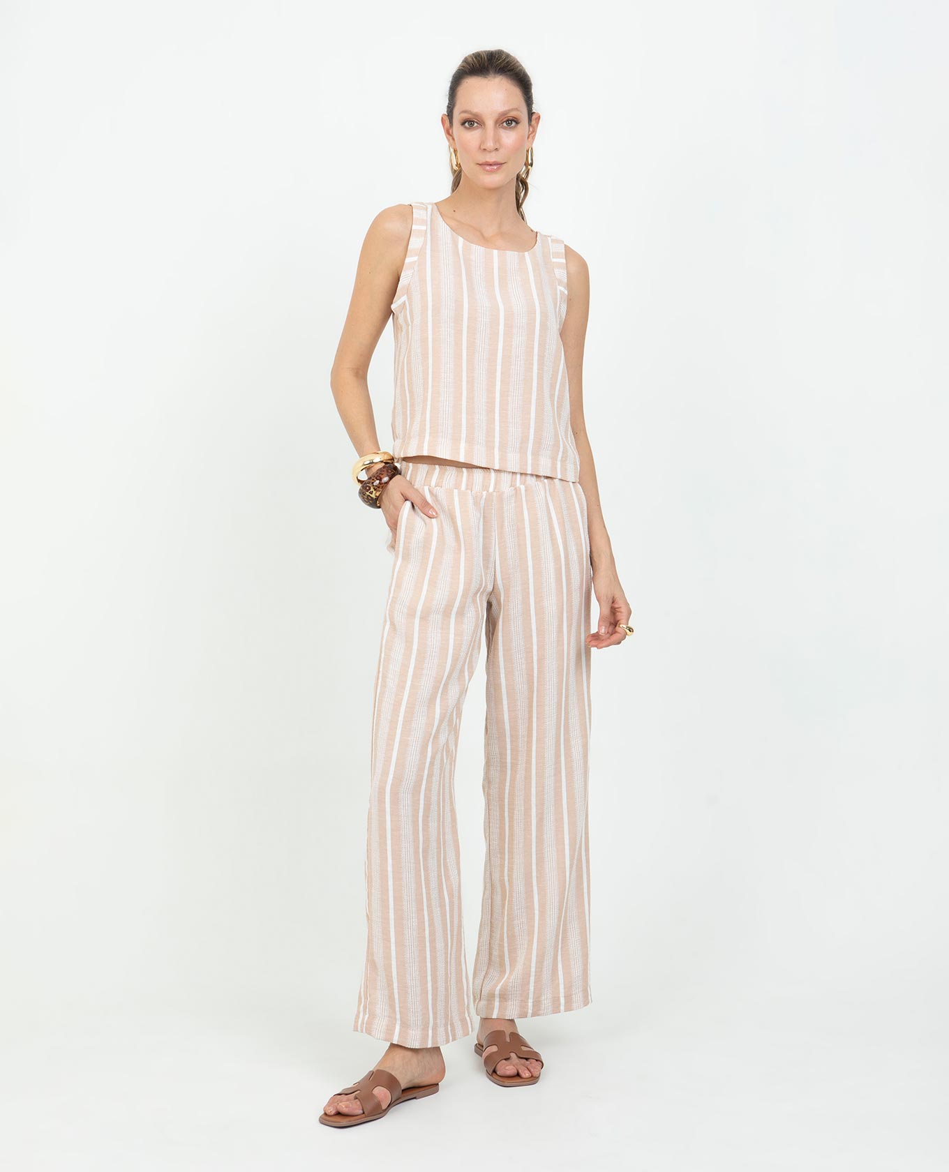 PANTALÓN RECTO PARA MUJER CINTURA CON ELASTICO EN RAYAS PRETENIDAS Adrissa