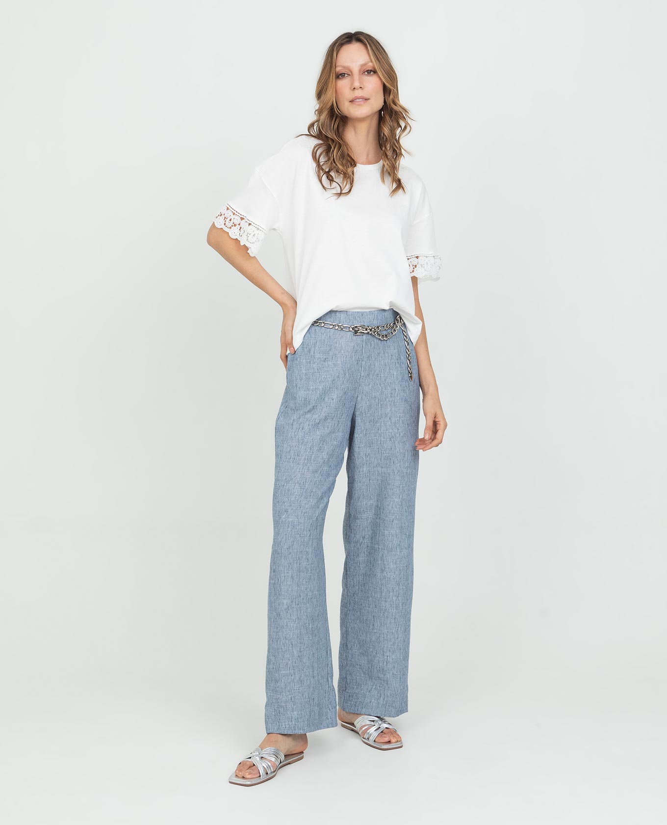 PANTALON WIDE LEG PARA MUJER PRETINA TRASERA CON ELÁSTICO EN TELA MELANGE Adrissa | Ropa para mujer Pantalones
