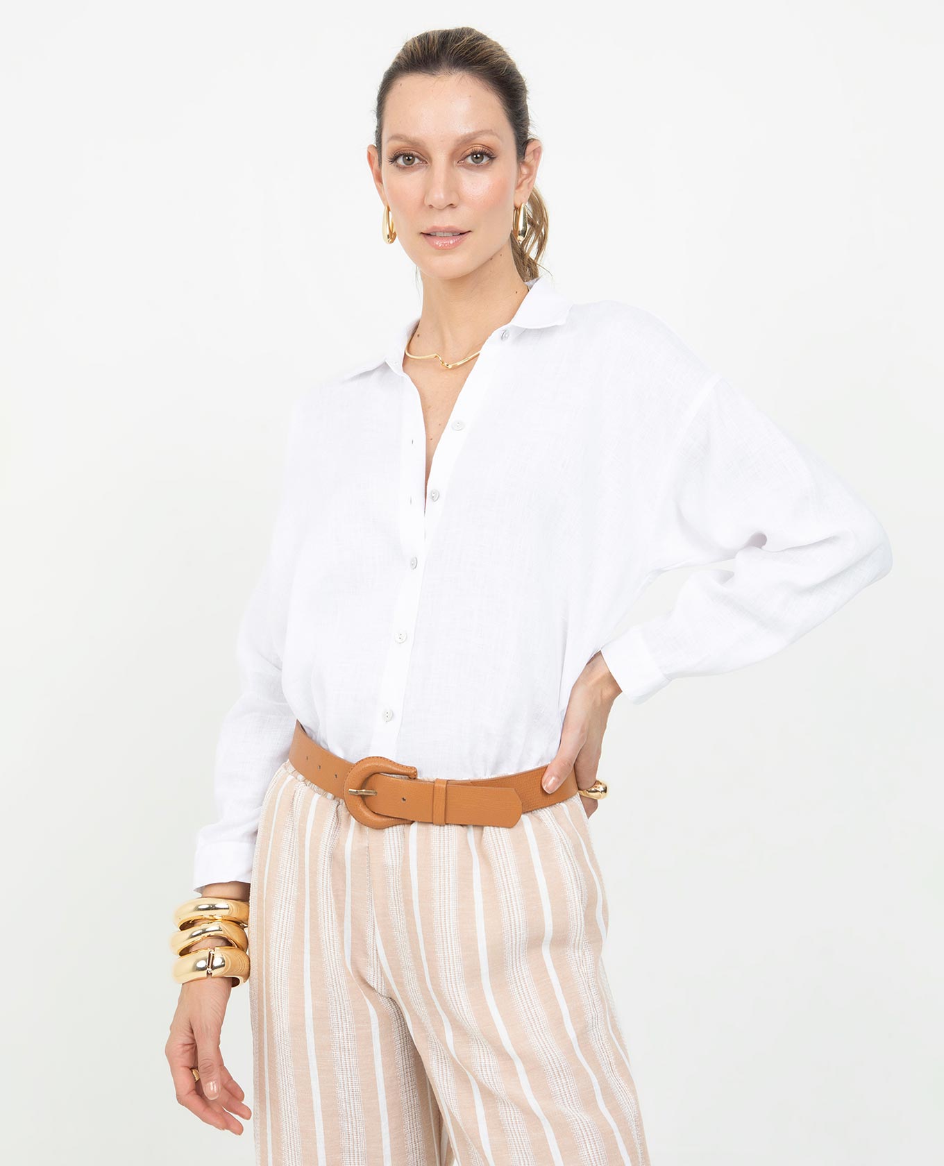 CAMISA EN LINO PARA MUJER MANGA LARGA CON BOTONES EN NACAR M BLANCO Adrissa | Ropa para mujer Blusas