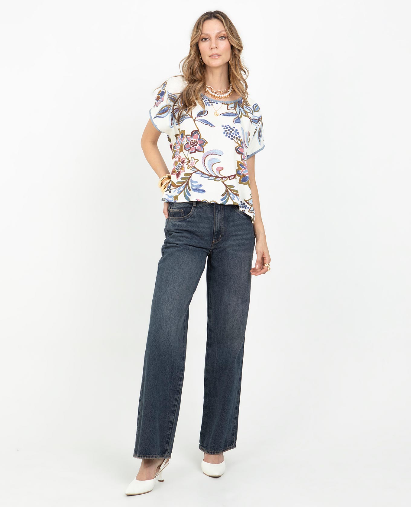 BLUSA MANGA RODADA PARA MUJER ESTAMPADA CON SESGO EN CONTRASTE Adrissa