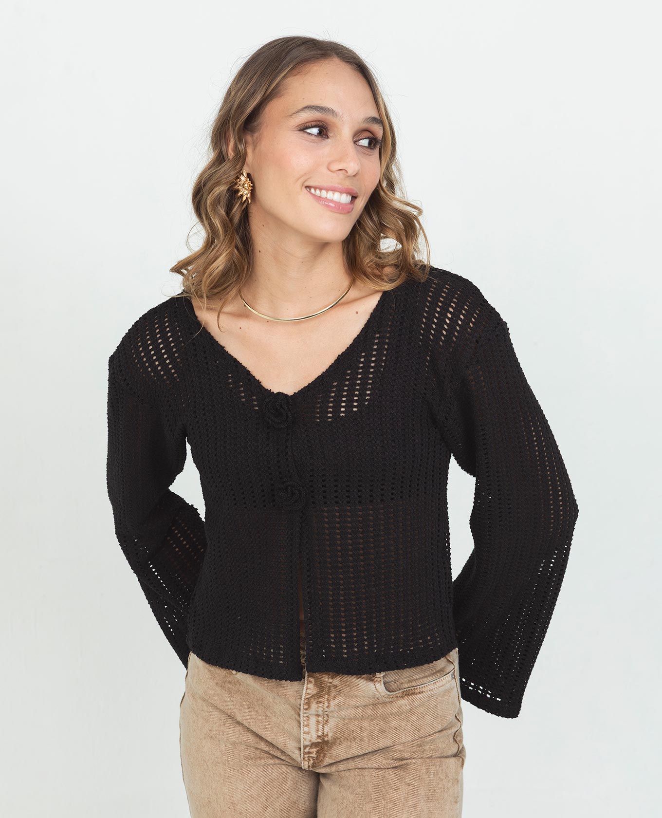 CARDIGAN NEGRO PARA MUJER ESCOTE V CON APLIQUE EN CROCHET Y MANGAS TIPO CAMPANA Adrissa
