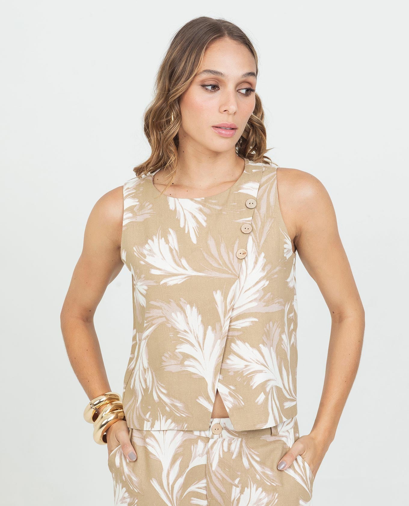 TOP MANGA SISA PARA MUJER ESTAMPADO FRENTE CRUZADO TELA CON MEZCLA DE LINO Adrissa | Ropa para mujer Blusas