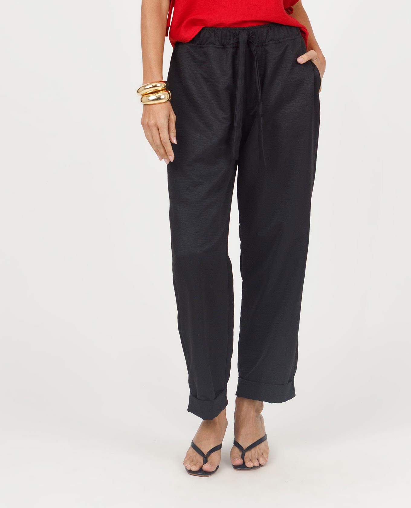 PANTALÓN PARA MUJER CON ELÁSTICO EN CINTURA Y TIRA PARA ANUDAR CON GUARDAPOLVO Adrissa | Ropa para mujer Pantalones