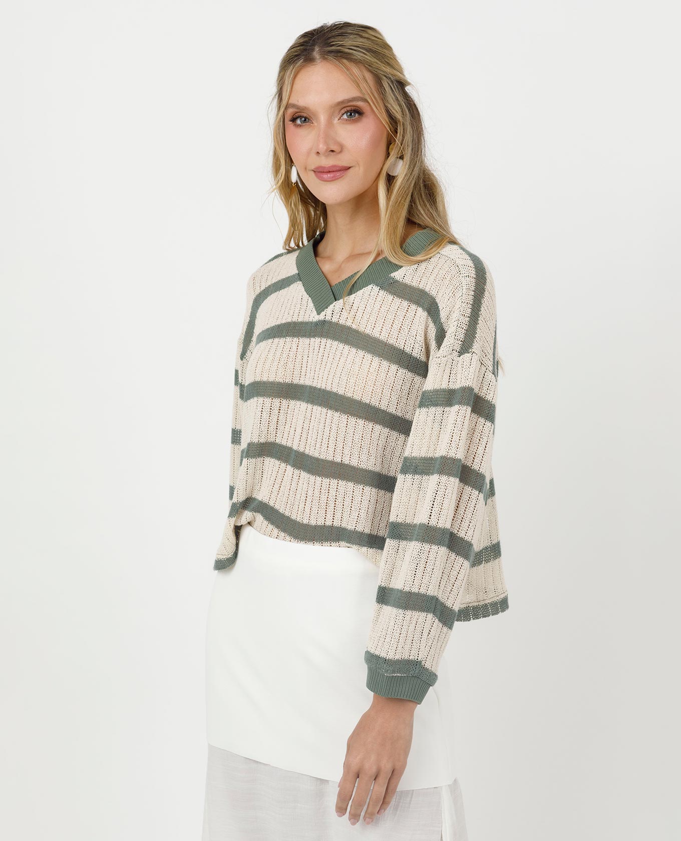 BUZO TEJIDO PARA MUJER ESCOTE V EN RAYAS Adrissa | Ropa para mujer