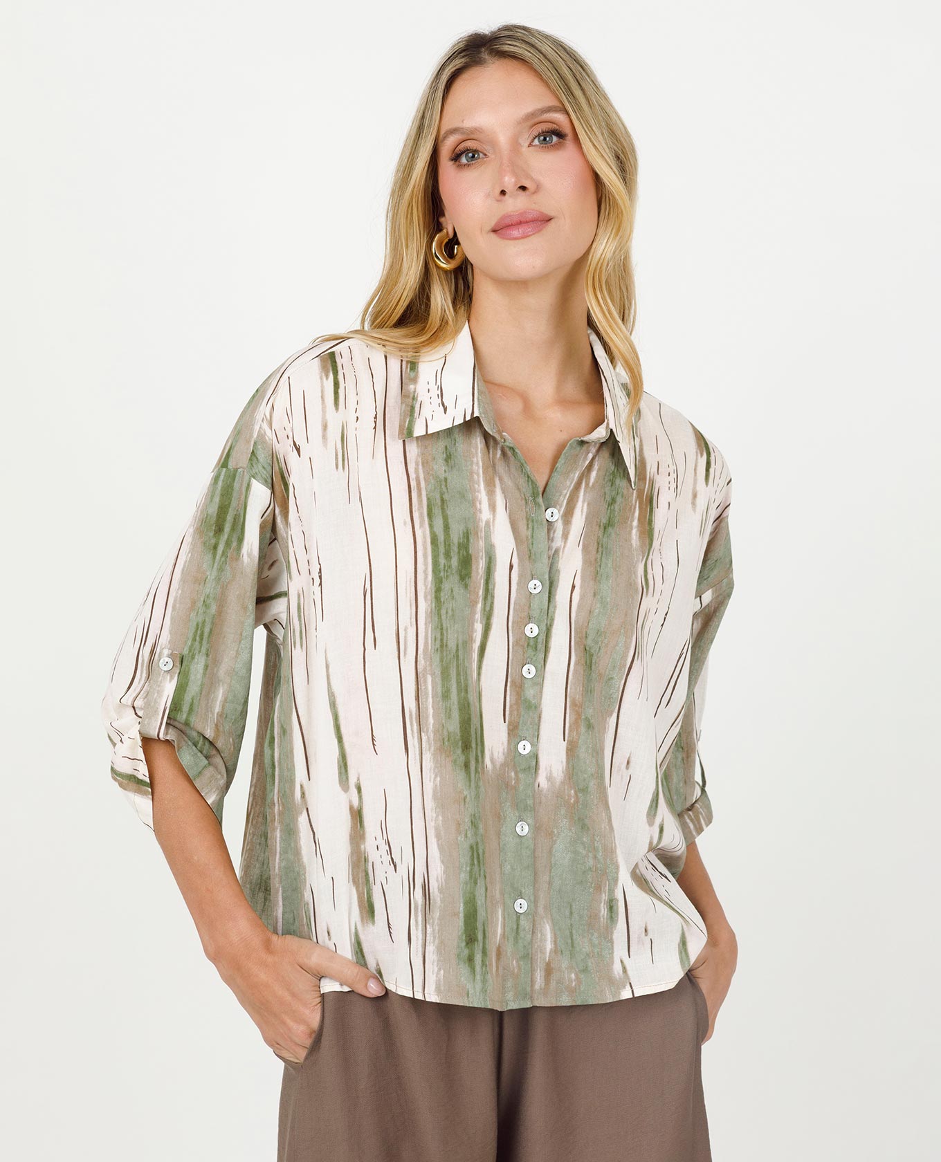 CAMISA ESTAMPADA PARA MUJER EN ALGODÓN HOMBRO RODADO CON CHARRETERA Adrissa | Ropa para mujer Blusas