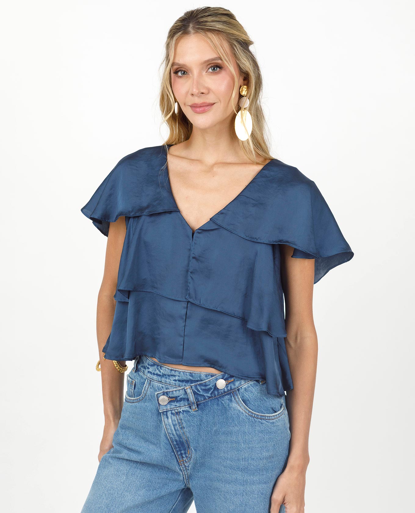 BLUSA MANGA CORTA PARA MUJER EN TELA SATINADA CON BOLEROS Adrissa | Ropa para mujer