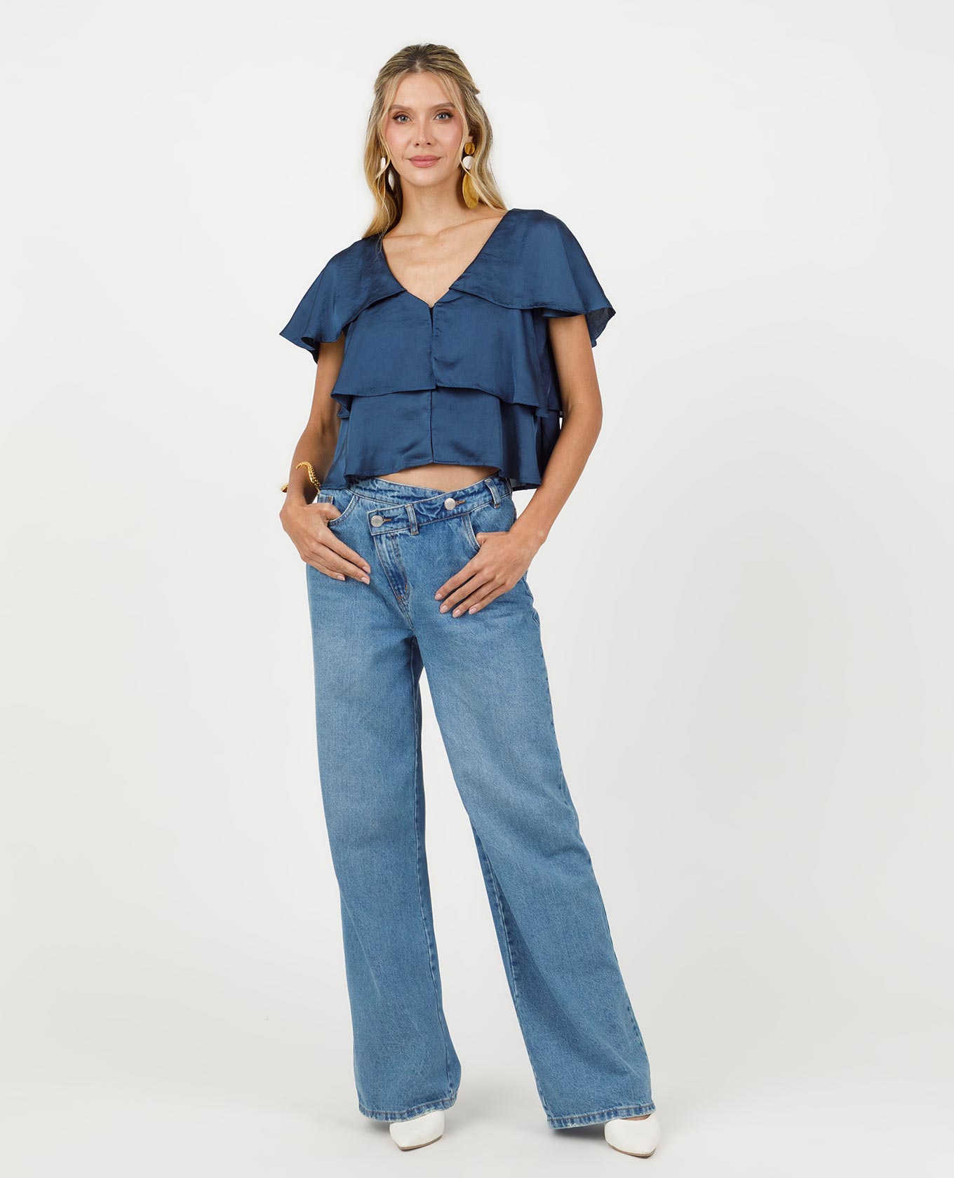 BLUSA MANGA CORTA PARA MUJER EN TELA SATINADA CON BOLEROS Adrissa | Ropa para mujer