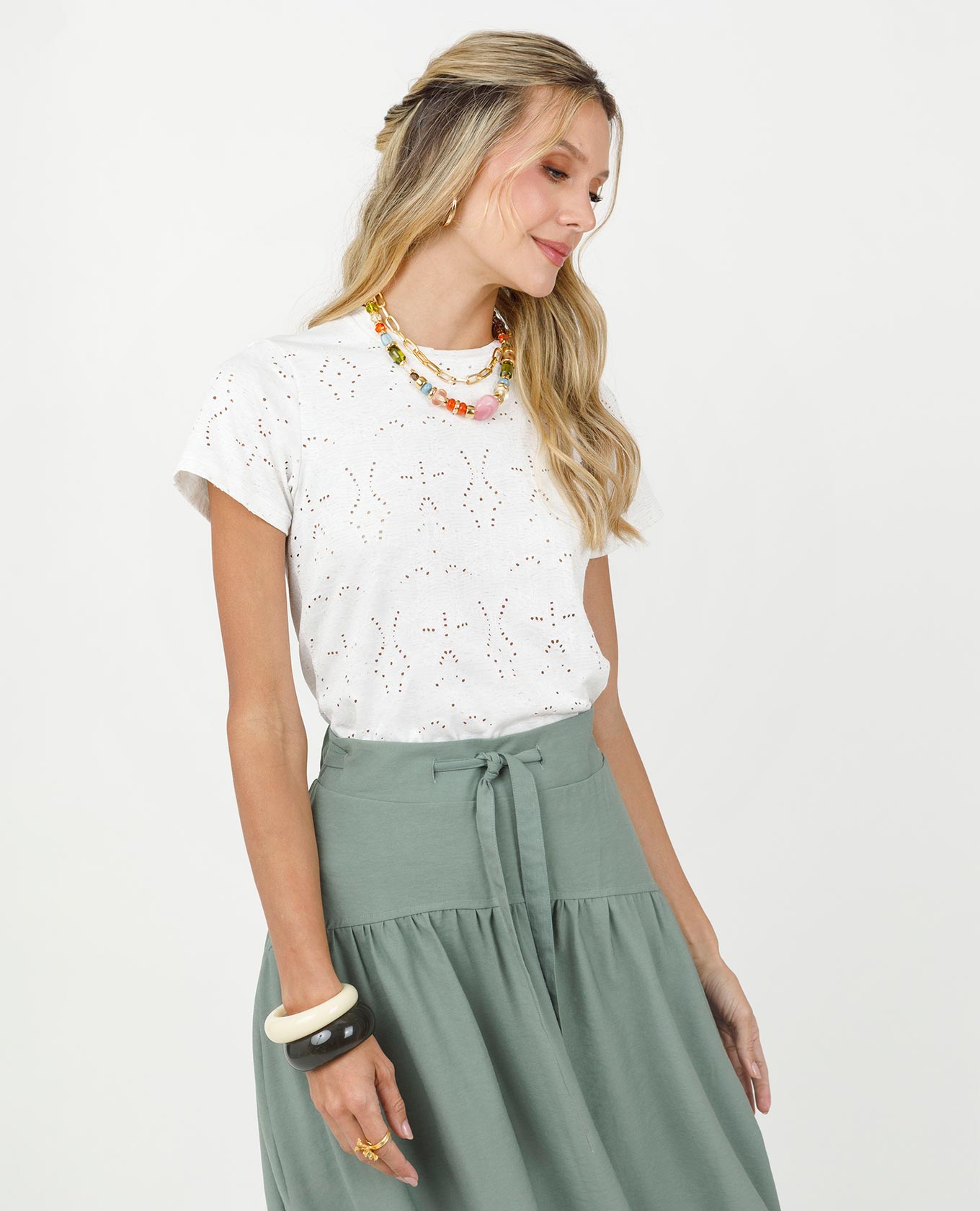 CAMISETA MANGA CORTA PARA MUJER EN TEJIDO DE PUNTO CON EFECTO OJALILLO Adrissa | Ropa para mujer Blusas