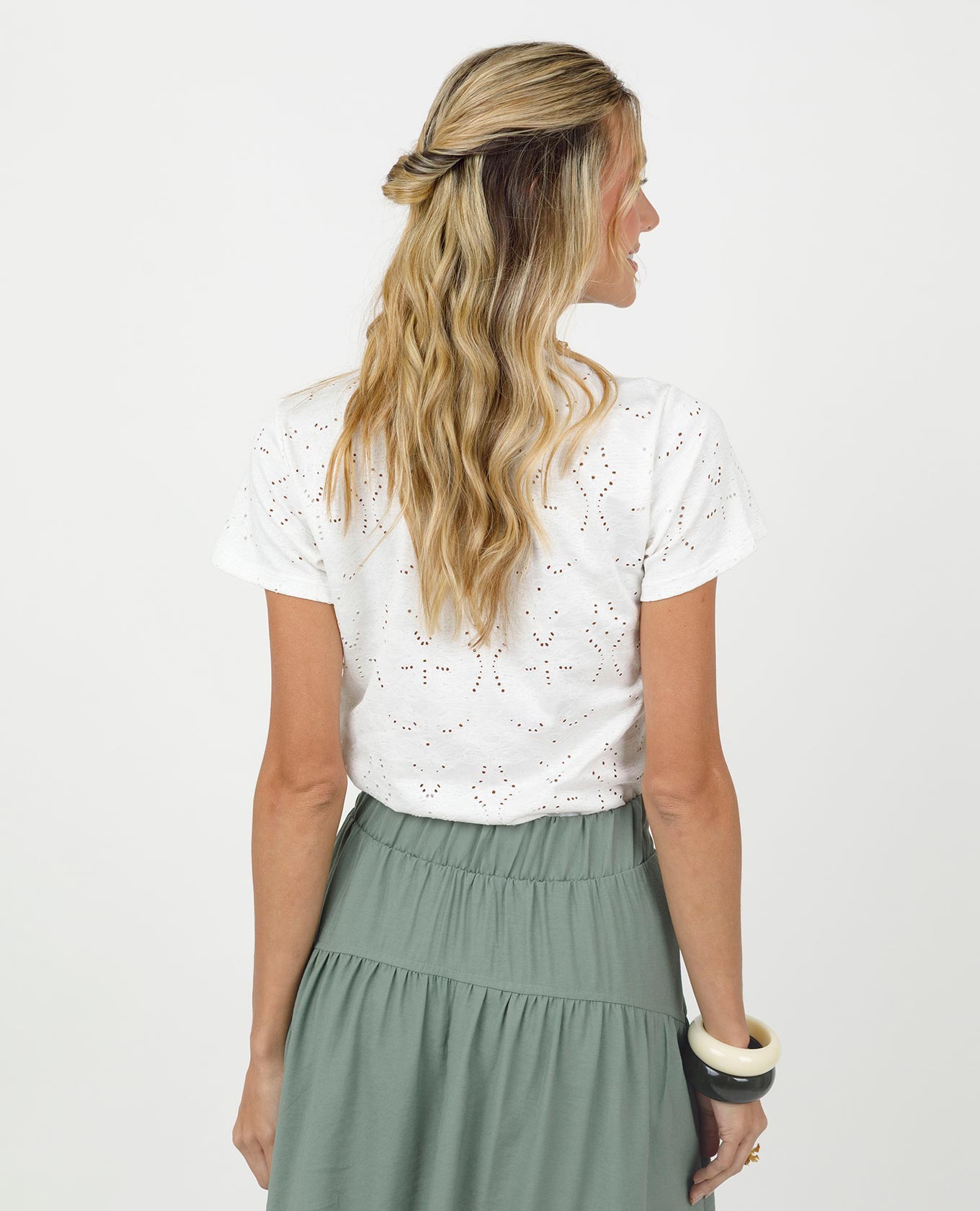 CAMISETA MANGA CORTA PARA MUJER EN TEJIDO DE PUNTO CON EFECTO OJALILLO Adrissa | Ropa para mujer Blusas