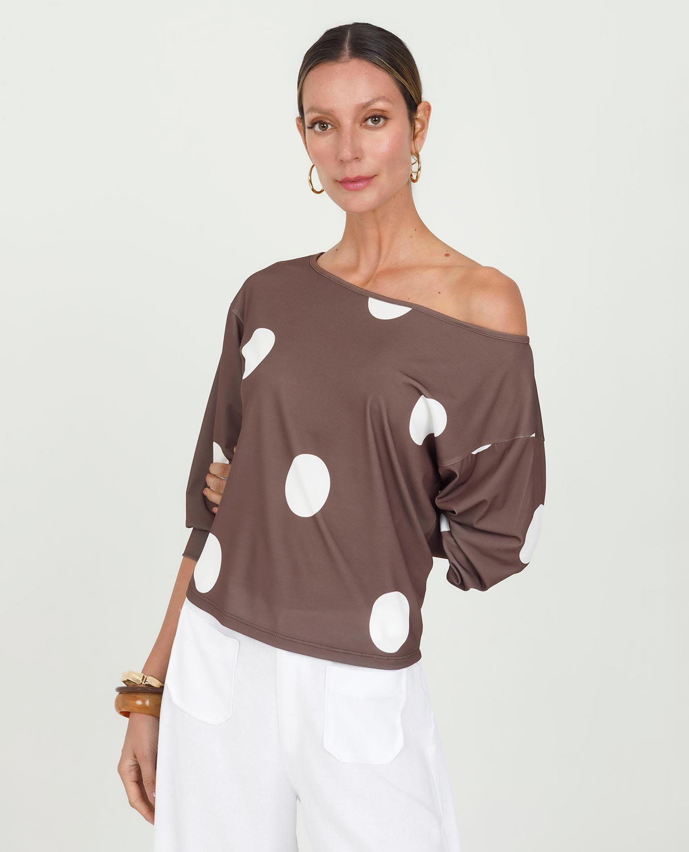 TOP MANGA 3/4 PARA MUJER HOMBRO DESCUBIERTO ESTAMPADO MAXI LUNARES Adrissa | Ropa para mujer Blusas