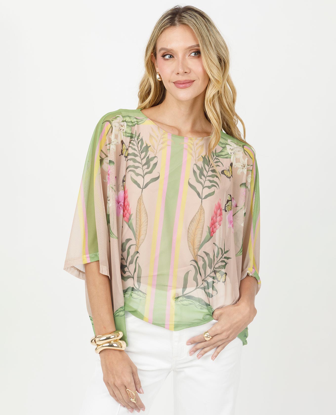 BLUSA ESTAMPADA PARA MUJER SILUETA PONCHO EN TRANSPARENCIA Adrissa | Ropa para mujer