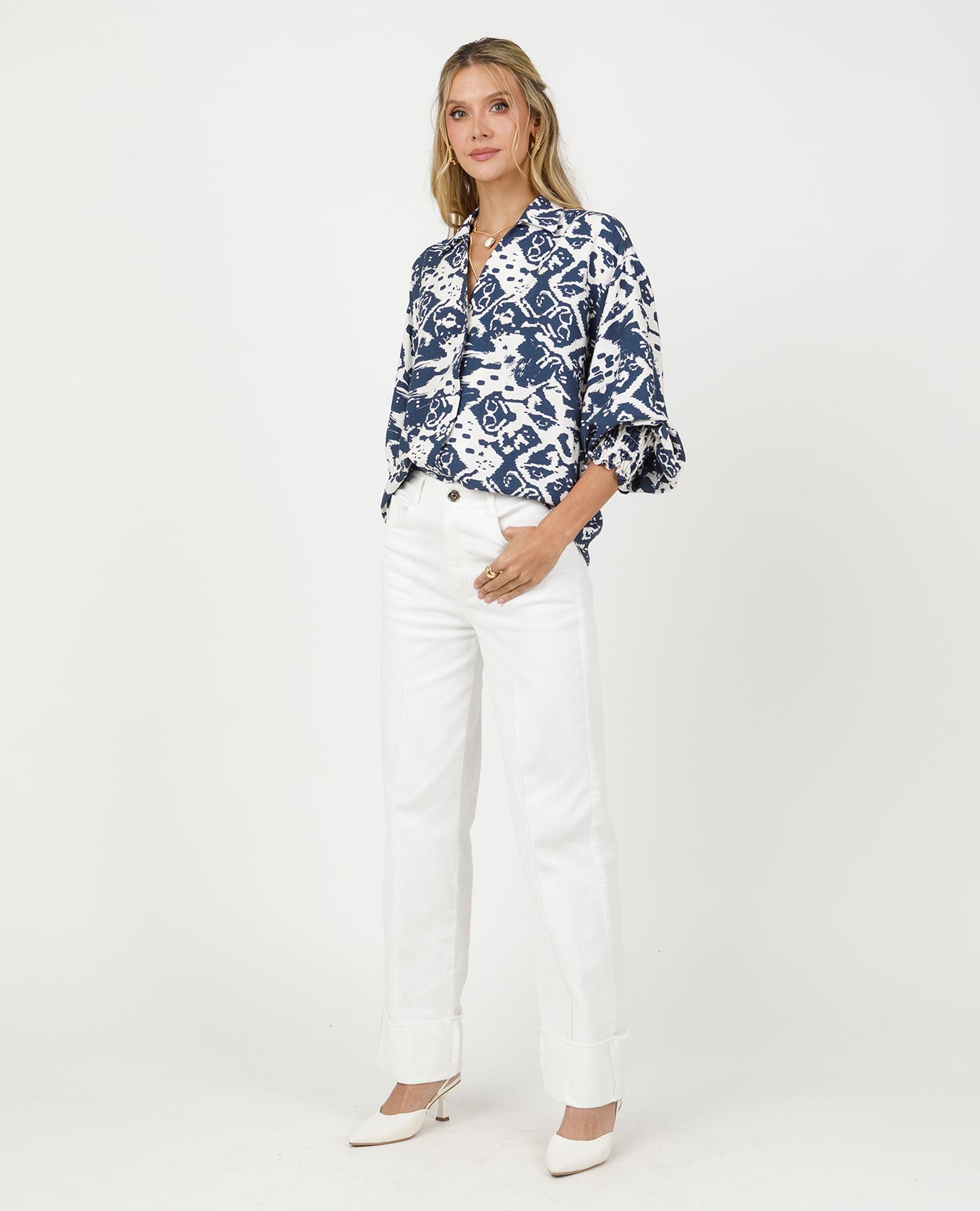 CAMISA ESTAMPADA PARA MUJER MANGA LARGA CON PUNOS EN NIDO DE ABEJA Adrissa | Ropa para mujer Blusas