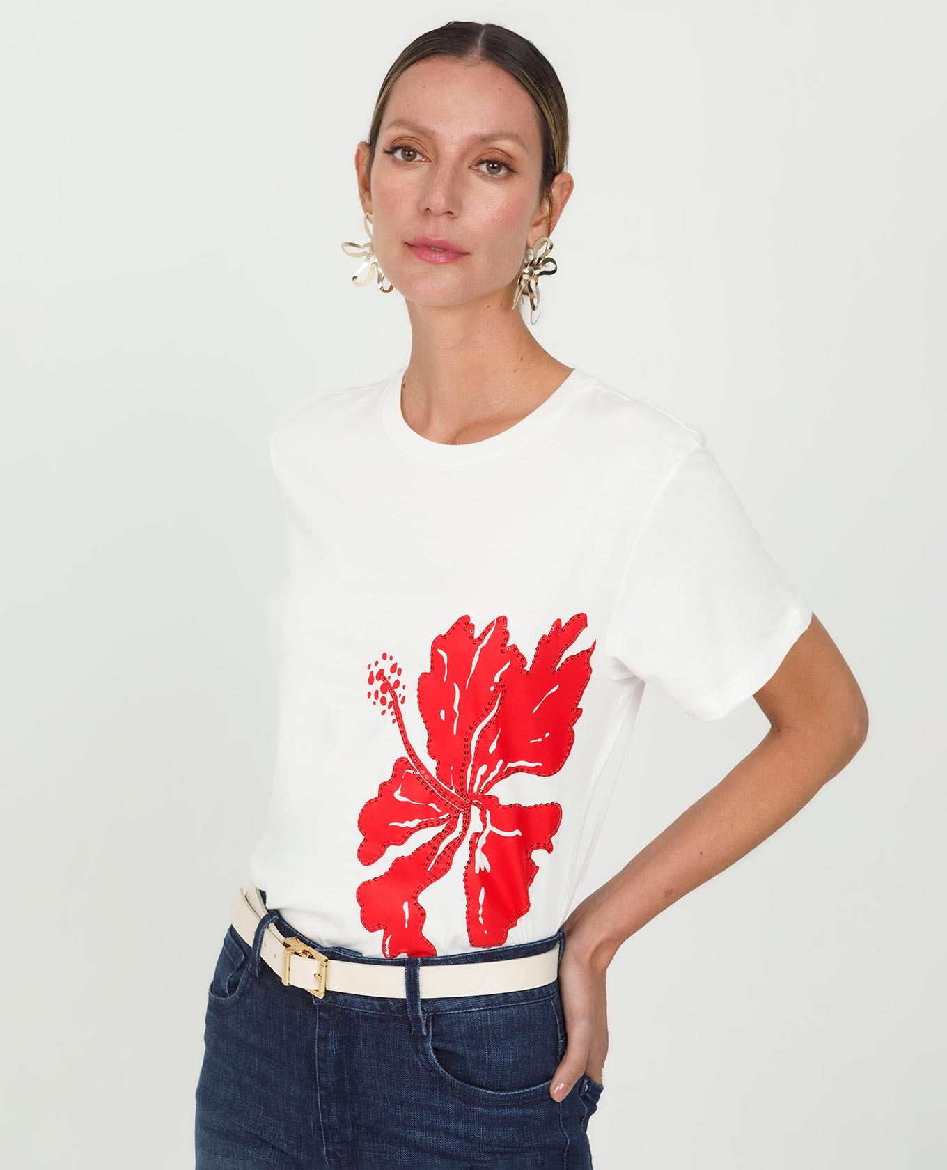 CAMISETA EN ALGODÓN PARA MUJER ESTAMPADO CON BORDADO EN LENTEJUELAS MANGA CORTA Adrissa | Ropa para mujer