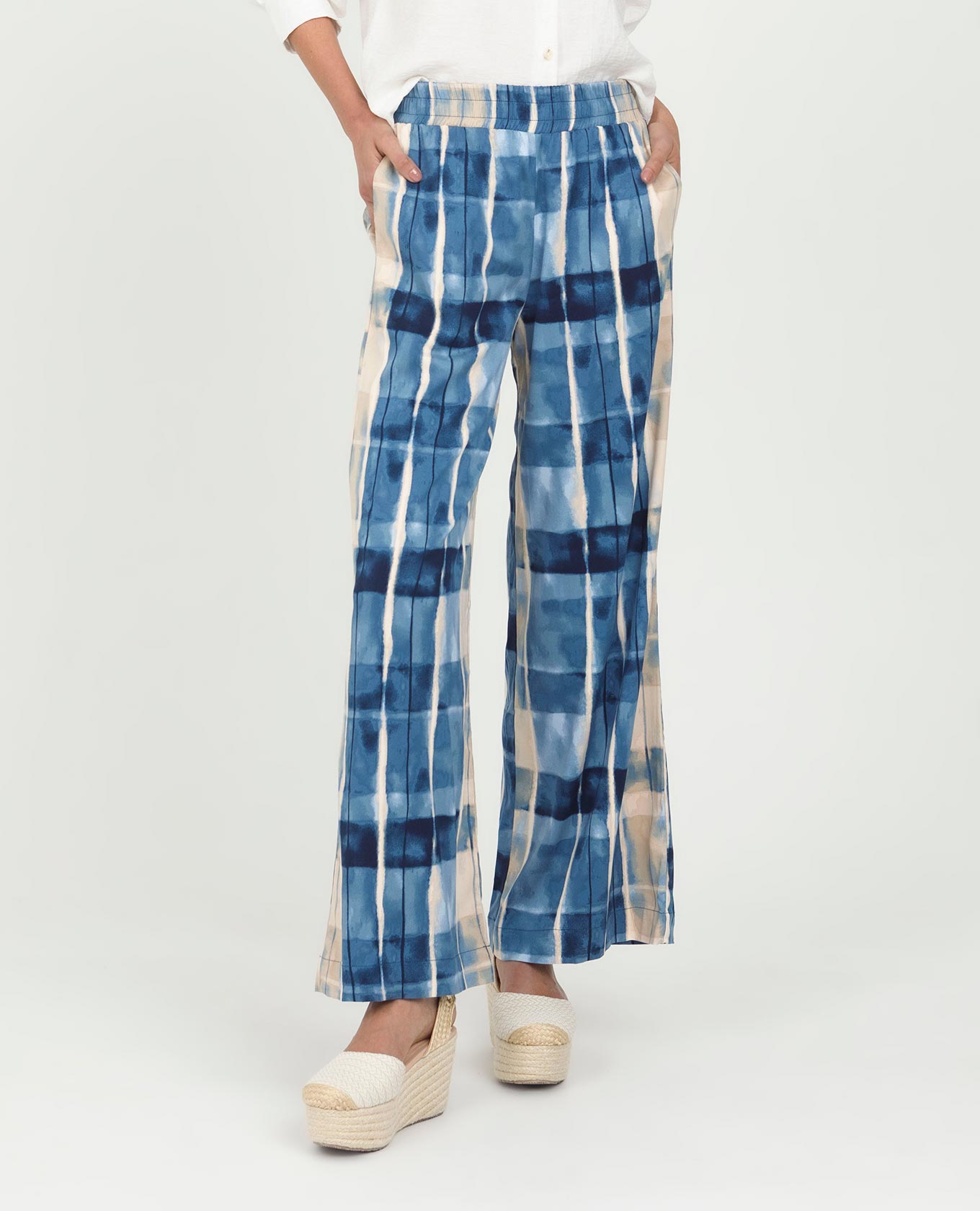 PANTALÓN RECTO PARA MUJER ESTAMPADO CINTURA CON ELÁSTICO Y BOLSILLOS LATERALES Adrissa | Ropa para mujer Pantalones