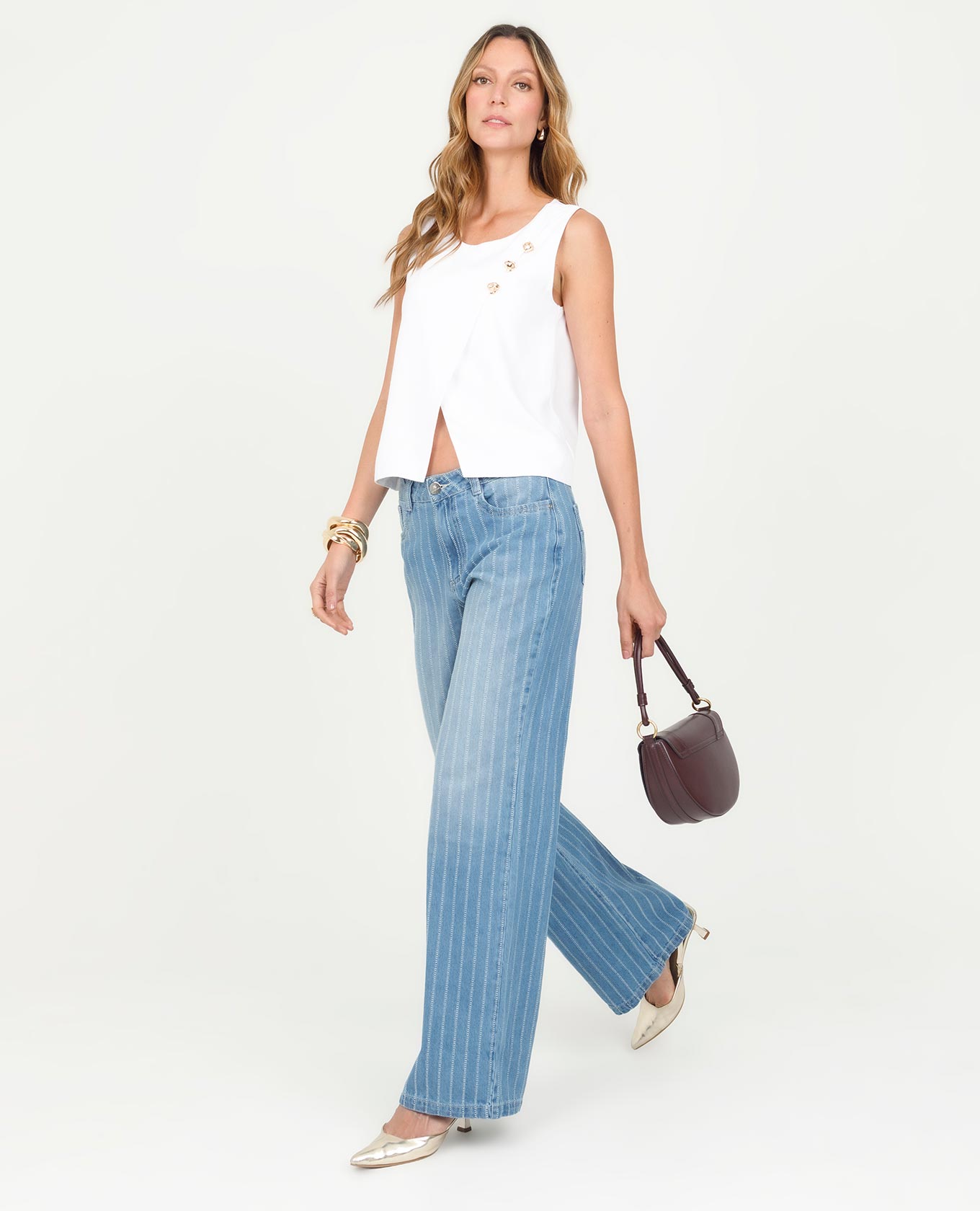 TOP BLANCO PARA MUJER MANGA SISA FRENTE CRUZADO CON BOTONES DECORATIVOS