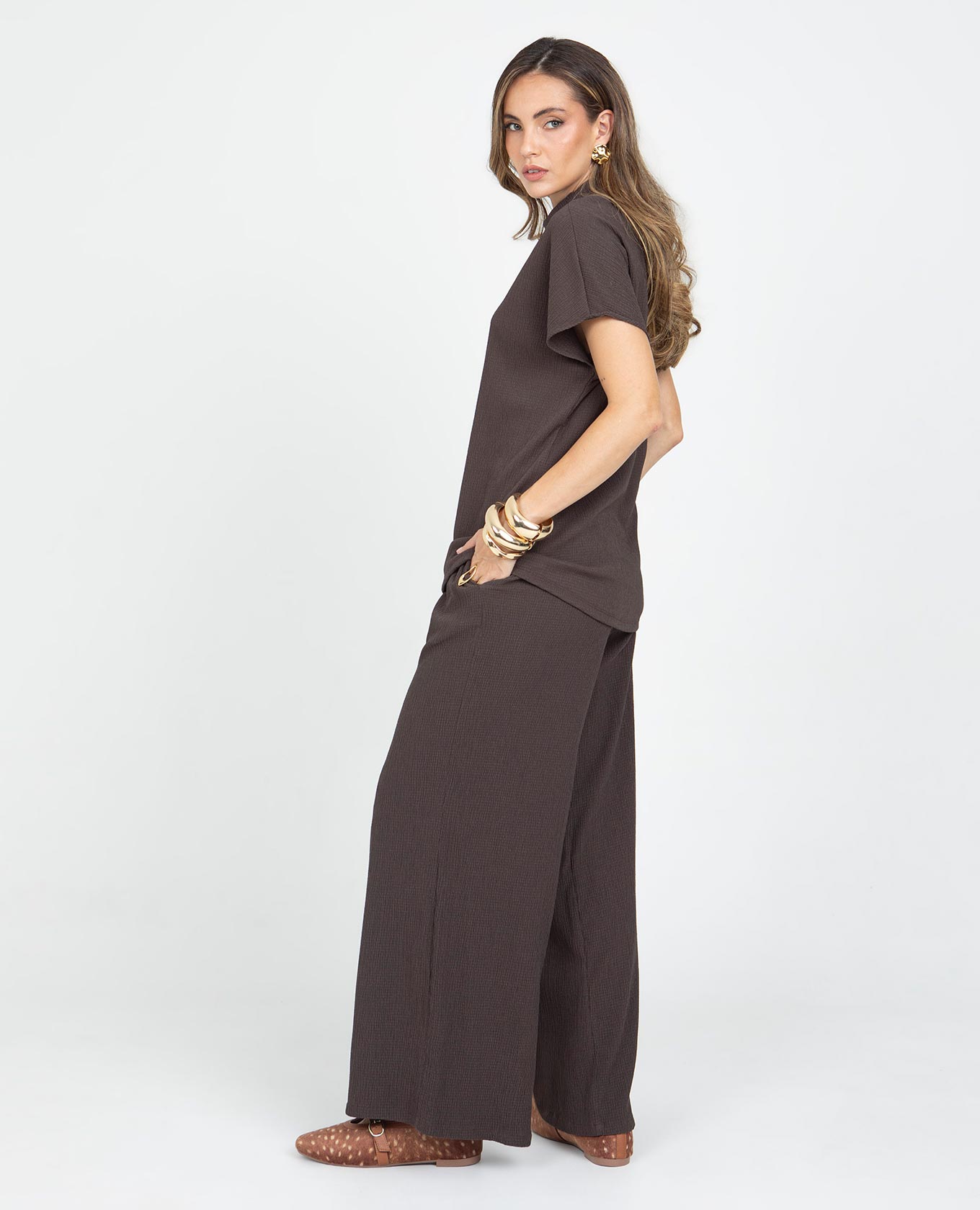 PANTALÓN WIDE LEG PARA MUJER CINTURA CON ELÁSTICO TELA CON EFECTO Adrissa | Ropa para mujer Pantalones