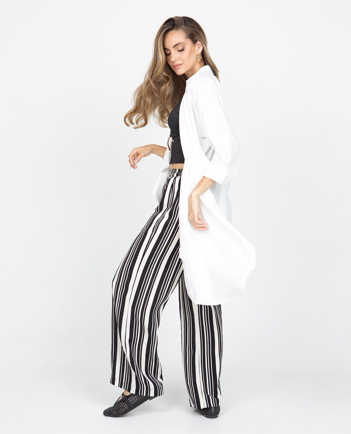 PANTALÓN RECTO PARA MUJER CINTURA CON ELÁSTICO EN ESTAMPADO RAYAS Adrissa | Ropa para mujer Pantalones