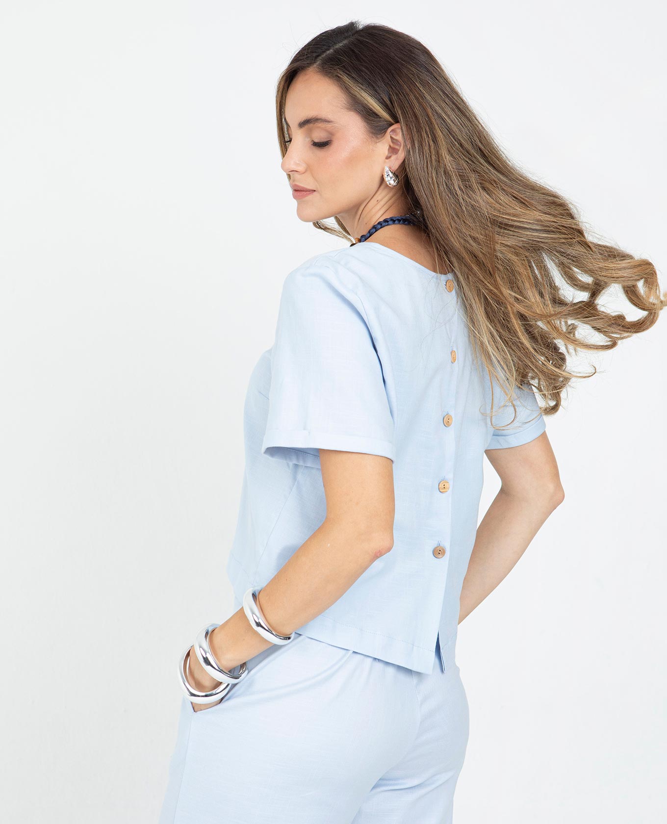 BLUSA MANGA CORTA PARA MUJER ESCOTE REDONDO CON PERILLA EN ESPALDA Y GUARDAPOLVO Adrissa | Ropa para mujer Blusas