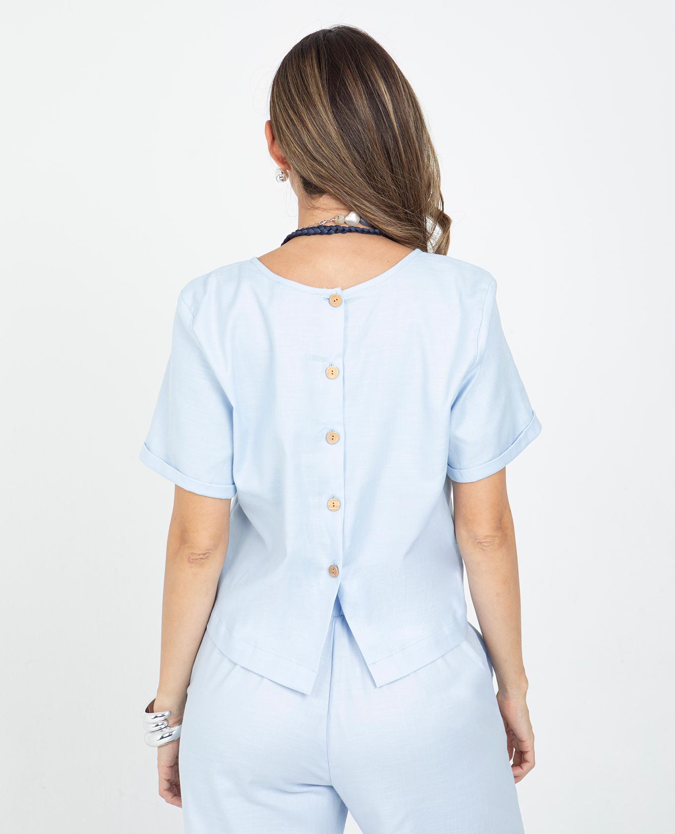 BLUSA MANGA CORTA PARA MUJER ESCOTE REDONDO CON PERILLA EN ESPALDA Y GUARDAPOLVO Adrissa | Ropa para mujer Blusas