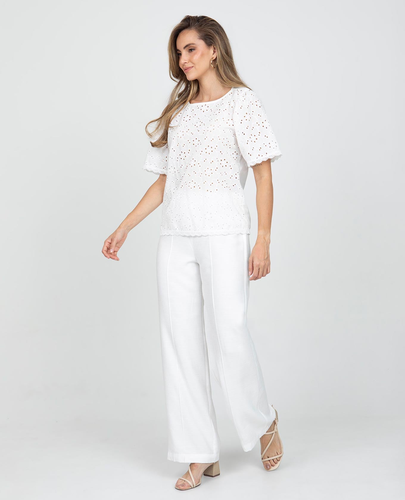 BLUSA MANGA CORTA PARA MUJER EN MEZCLA CON OJALILLO MANGAS Y RUEDO CON APLIQUE Adrissa | Ropa para mujer Blusas
