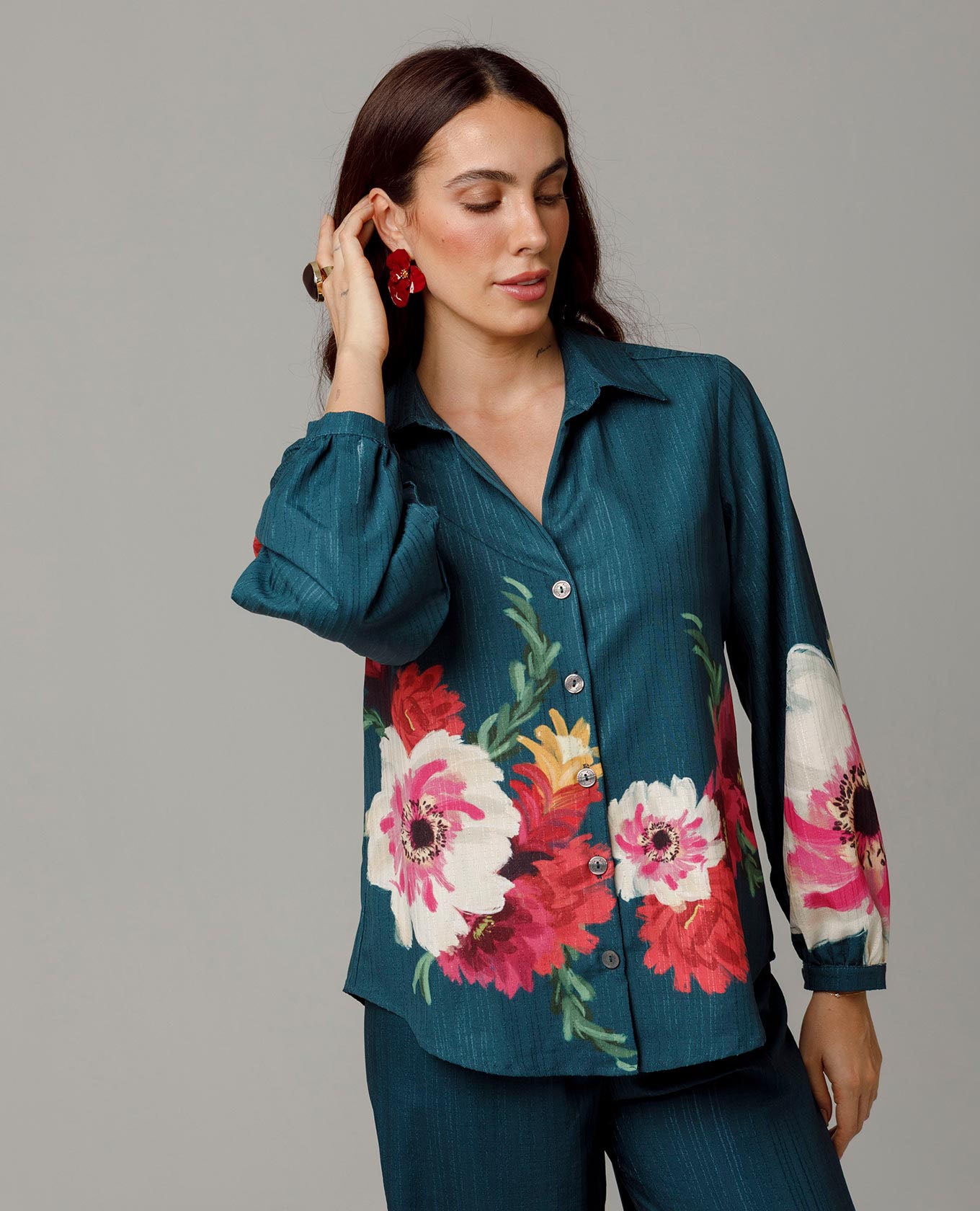 CAMISA FLORES PARA MUJER ESTAMPACIÓN EXCLUSIVA MANGA LARGA EN JAQUARD