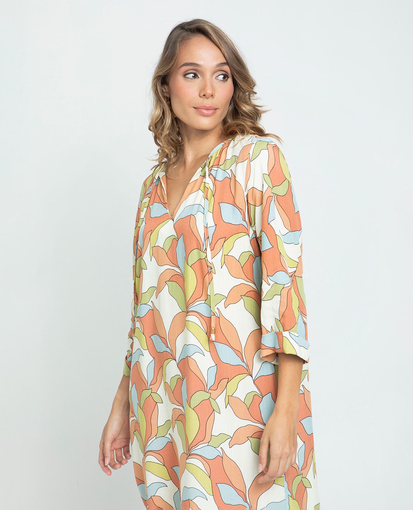 VESTIDO CORTO PARA MUJER ESTAMPADO MANGA 3/4 CON CINTURÓN