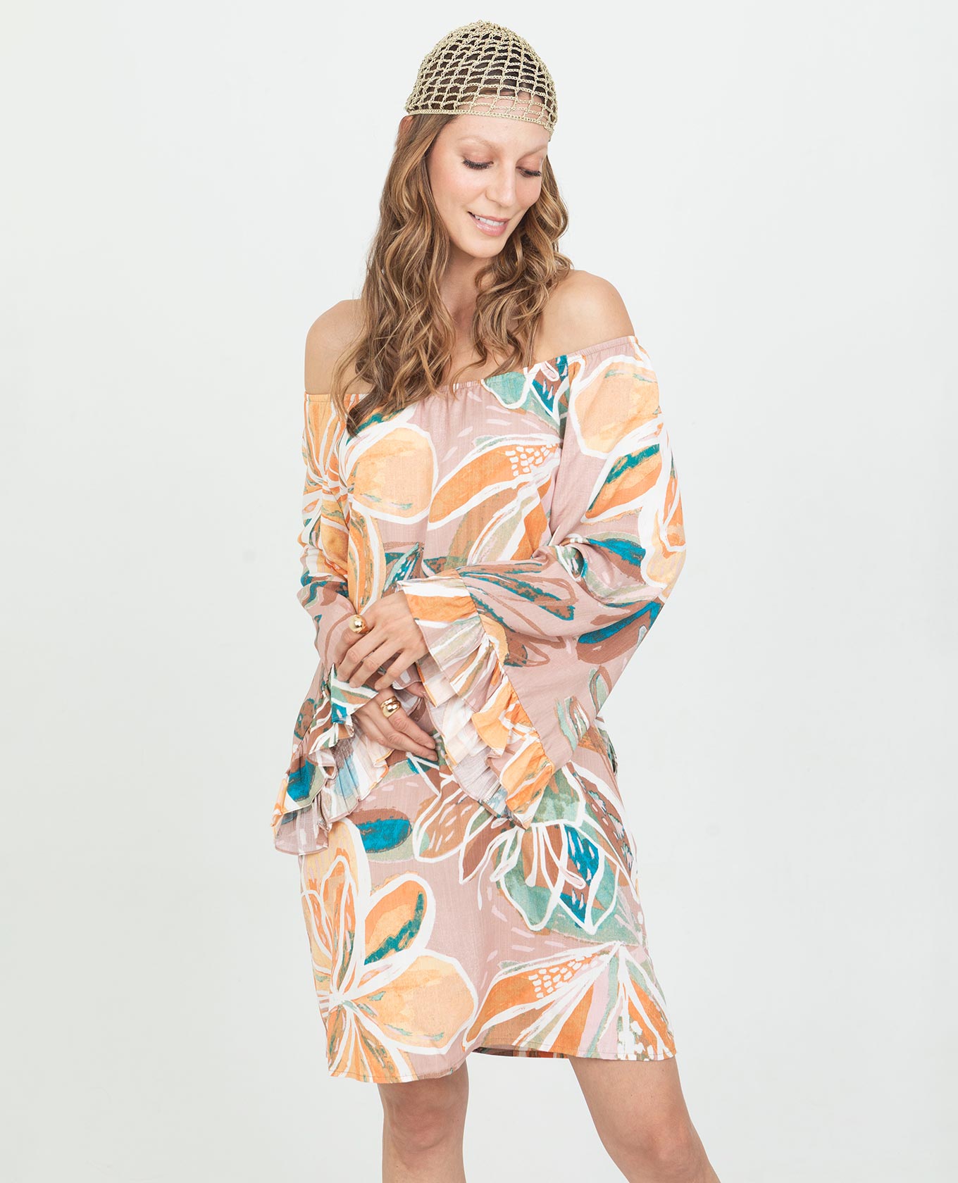 VESTIDO TALEGO PARA MUJER ESCOTE SEMI BANDEJA ESTAMPADO MANGA CAMPANA CON BOLERO Adrissa