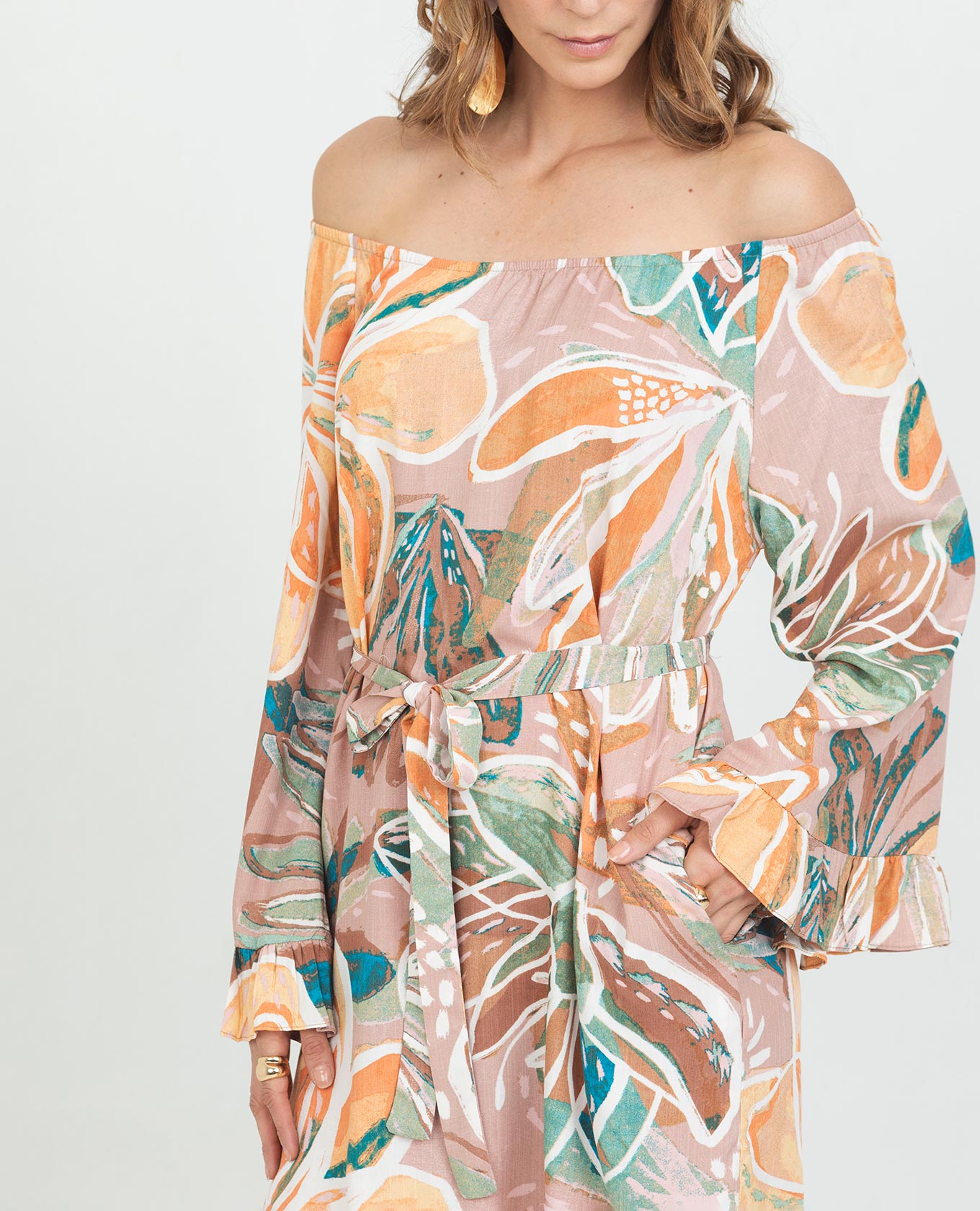 VESTIDO TALEGO PARA MUJER ESCOTE SEMI BANDEJA ESTAMPADO MANGA CAMPANA CON BOLERO Adrissa