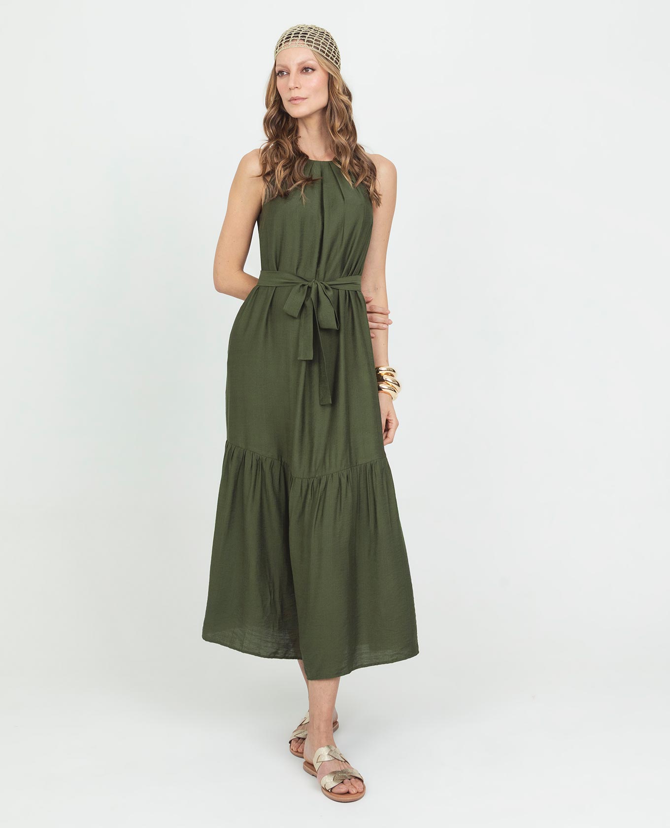 VESTIDO LARGO PARA MUJER ESCOTE HALTER CON PRENSES Y CINTURÓN Adrissa | Ropa para mujer Vestidos