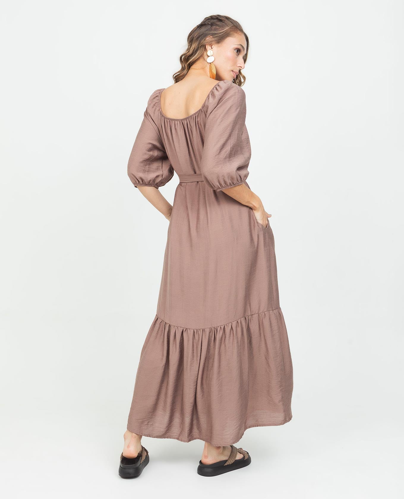 VESTIDO LARGO PARA MUJER ESCOTE CUADRADO MANGA AL CODO CON BOLSILLOS Y CINTURÓN Adrissa