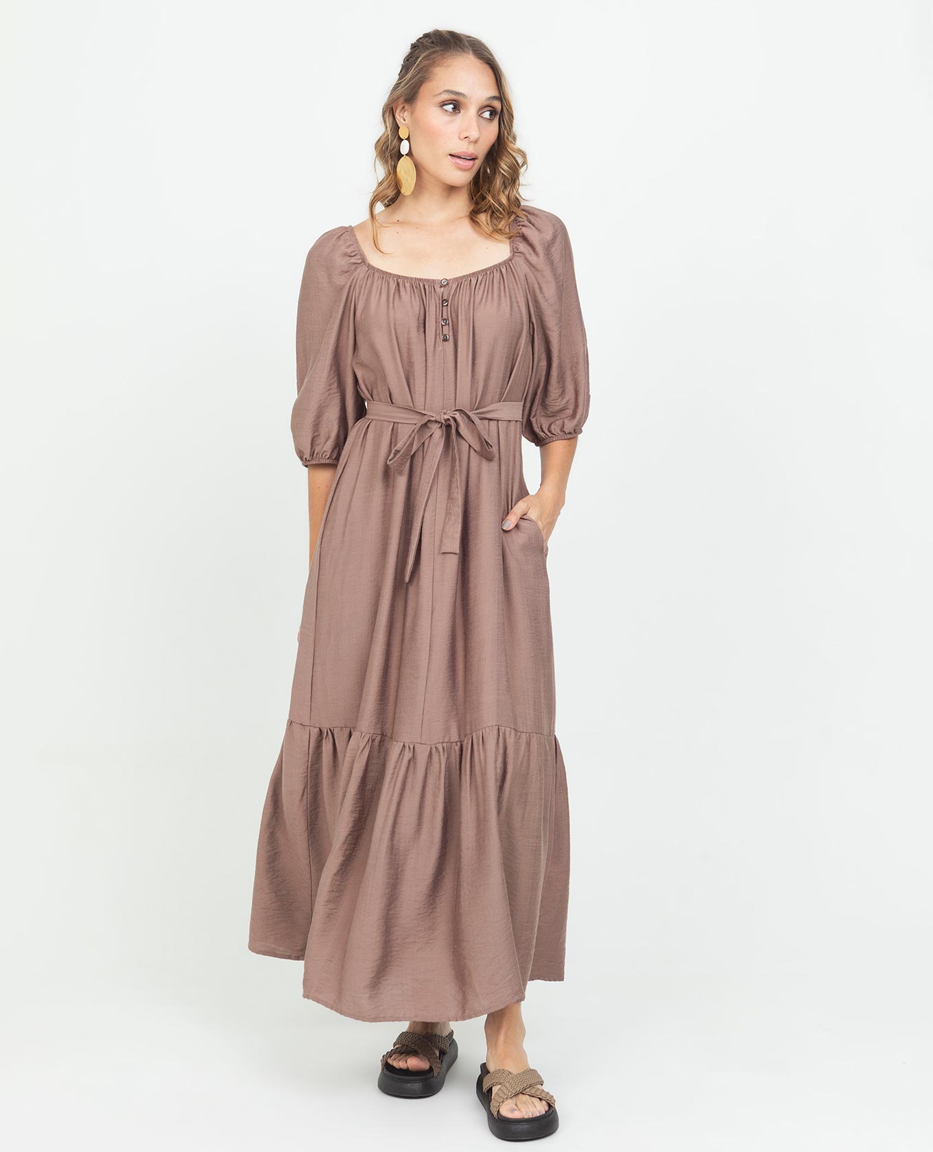 VESTIDO LARGO PARA MUJER ESCOTE CUADRADO MANGA AL CODO CON BOLSILLOS Y CINTURÓN Adrissa