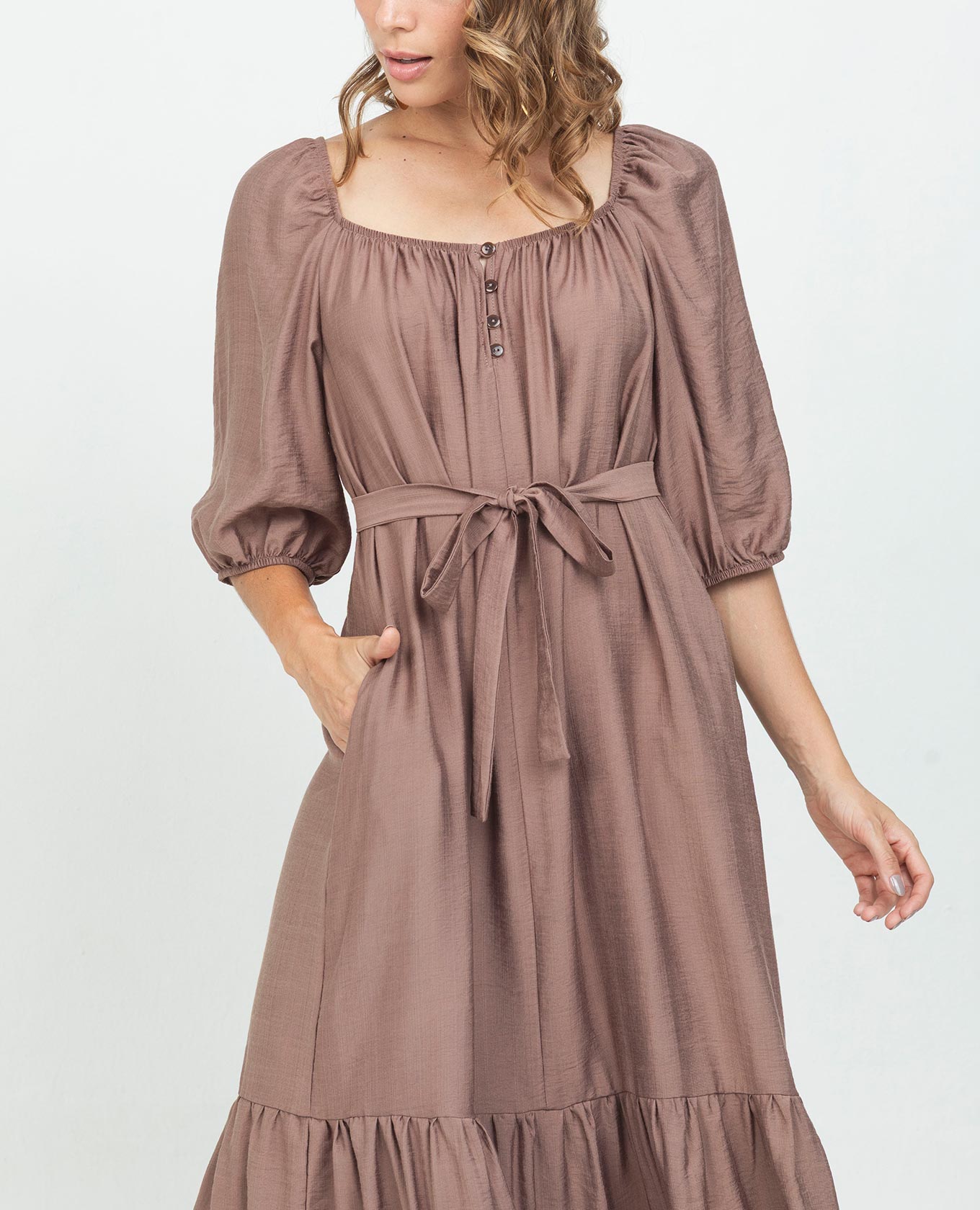 VESTIDO LARGO PARA MUJER ESCOTE CUADRADO MANGA AL CODO CON BOLSILLOS Y CINTURÓN Adrissa