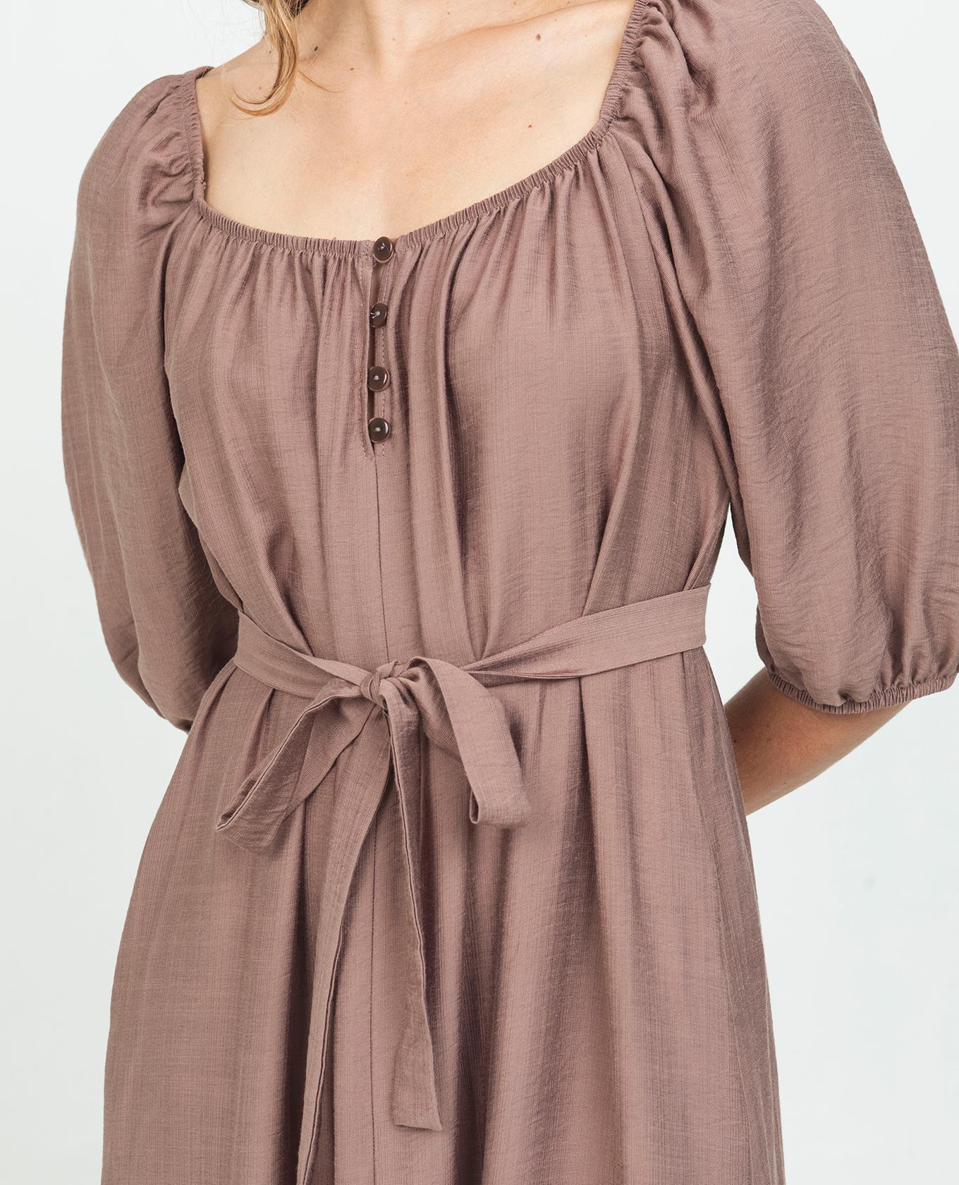 VESTIDO LARGO PARA MUJER ESCOTE CUADRADO MANGA AL CODO CON BOLSILLOS Y CINTURÓN Adrissa