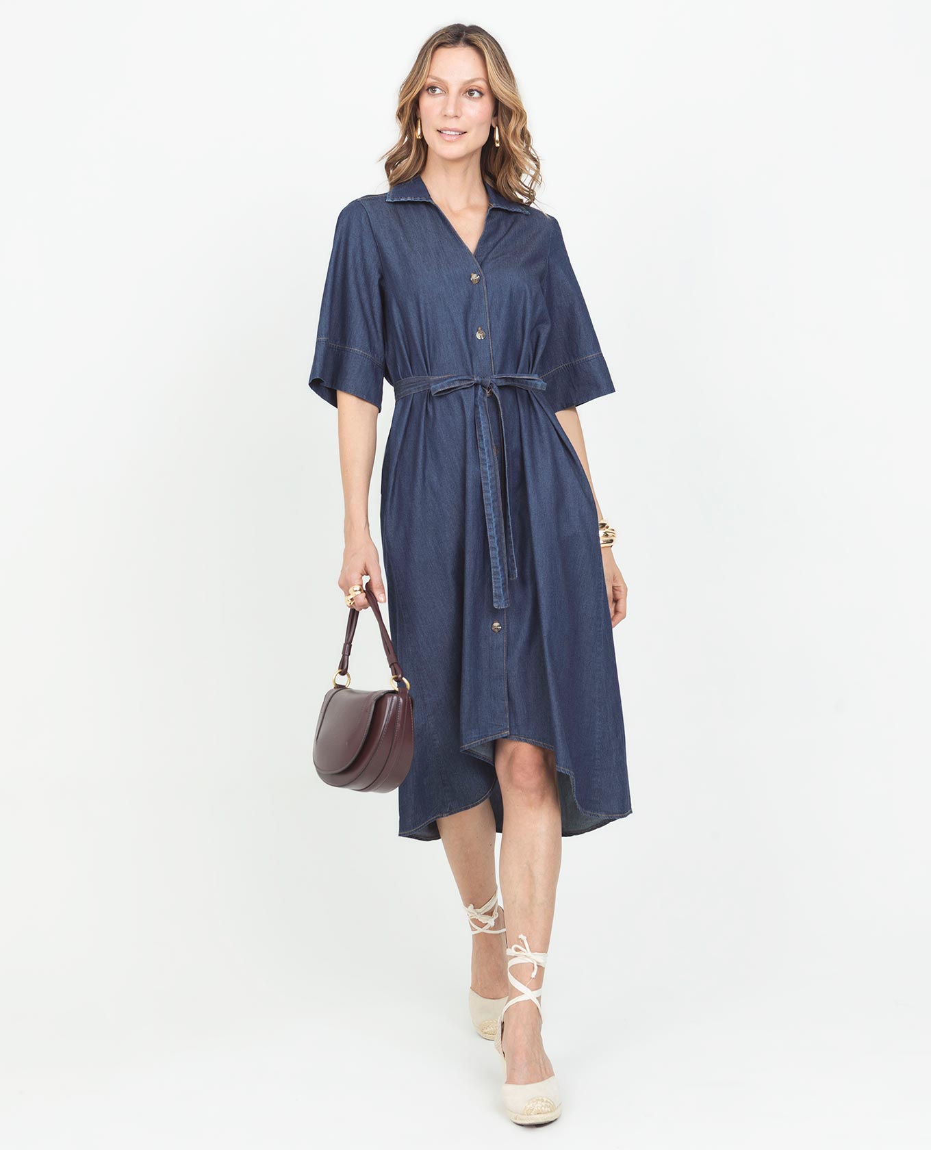 VESTIDO CAMISERO PARA MUJER EN CHAMBRAY LARGO MIDI CON CINTURÓN MANGA CORTA Adrissa