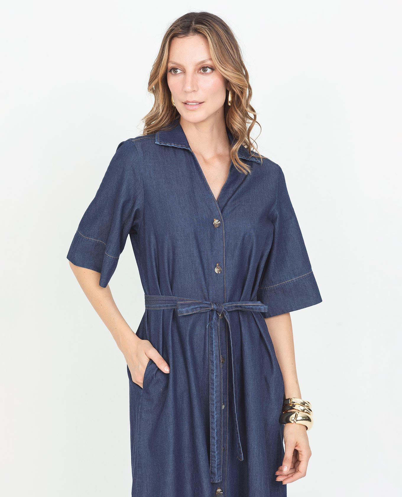 VESTIDO CAMISERO PARA MUJER EN CHAMBRAY LARGO MIDI CON CINTURÓN MANGA CORTA Adrissa