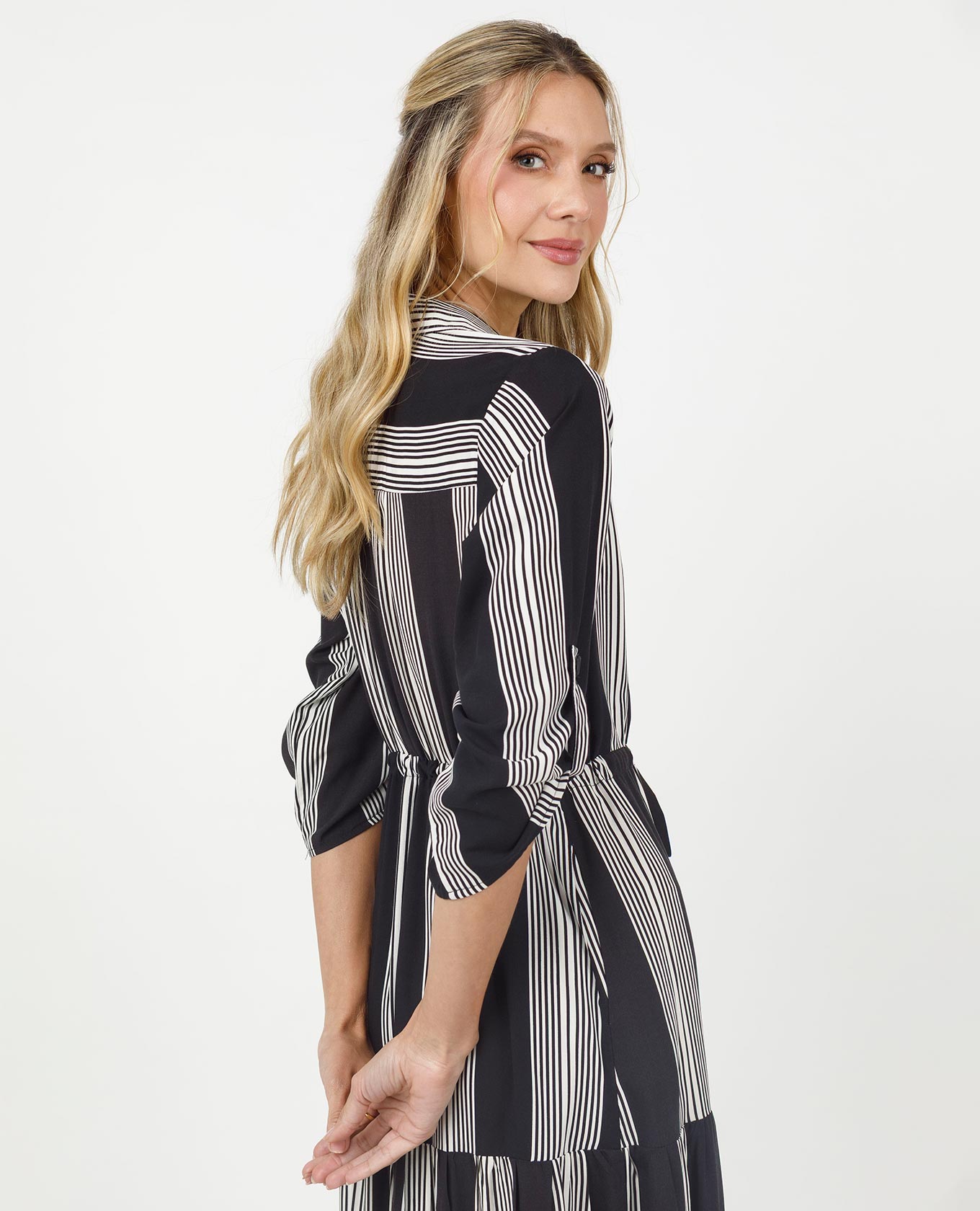 VESTIDO CAMISERO PARA MUJER EN JUEGO DE RAYAS CON CANAL EN CINTURA MANGA 3/4 Adrissa | Ropa para mujer Vestidos