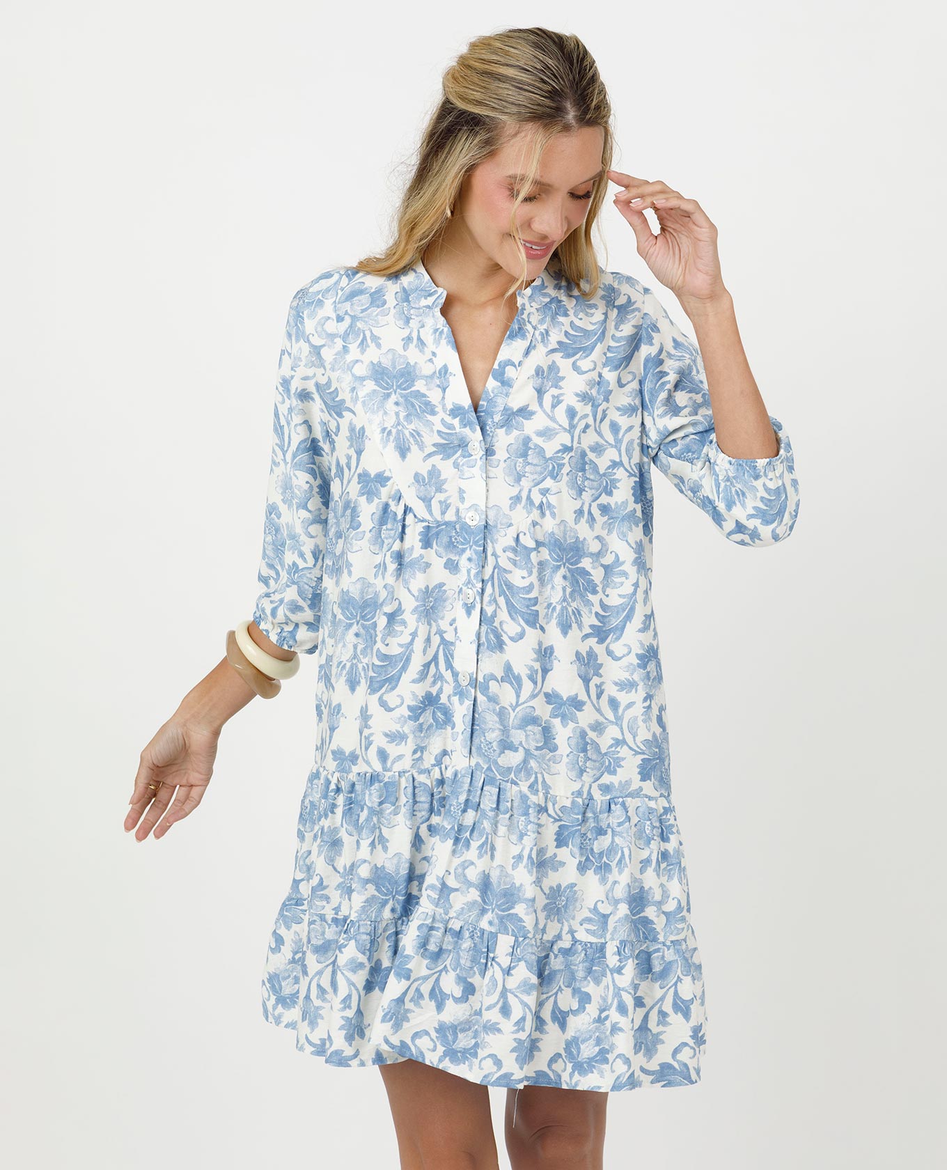 VESTIDO CORTO PARA MUJER ESTAMPADO MANGA 3/4 CON ELASTICO Y BOLSILLOS Adrissa | Ropa para mujer Vestidos