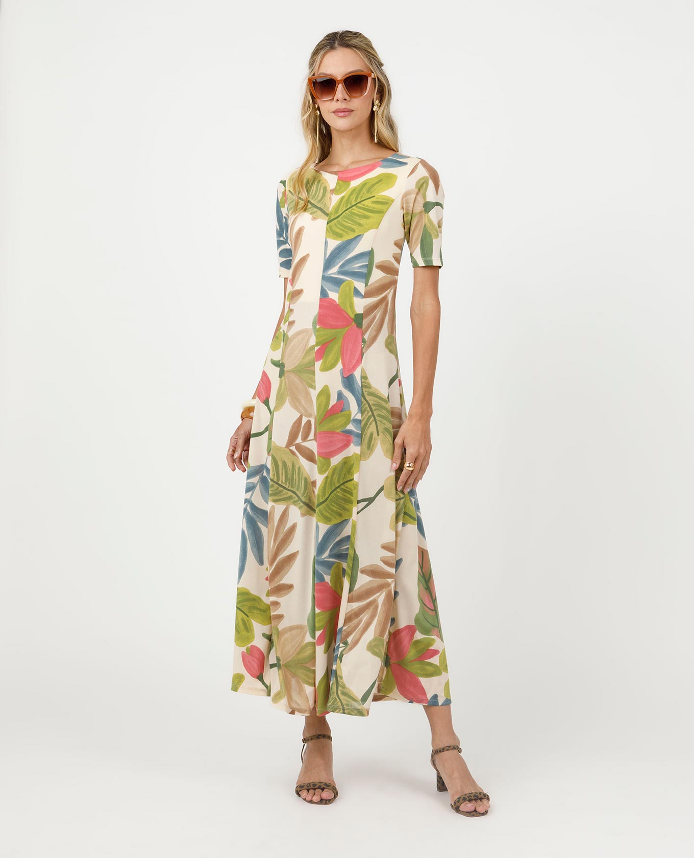 VESTIDO LARGO PARA MUJER TEJIDO DE PUNTO ESTAMPADO EN NESGAS MANGA CORTA Adrissa | Ropa para mujer Vestidos