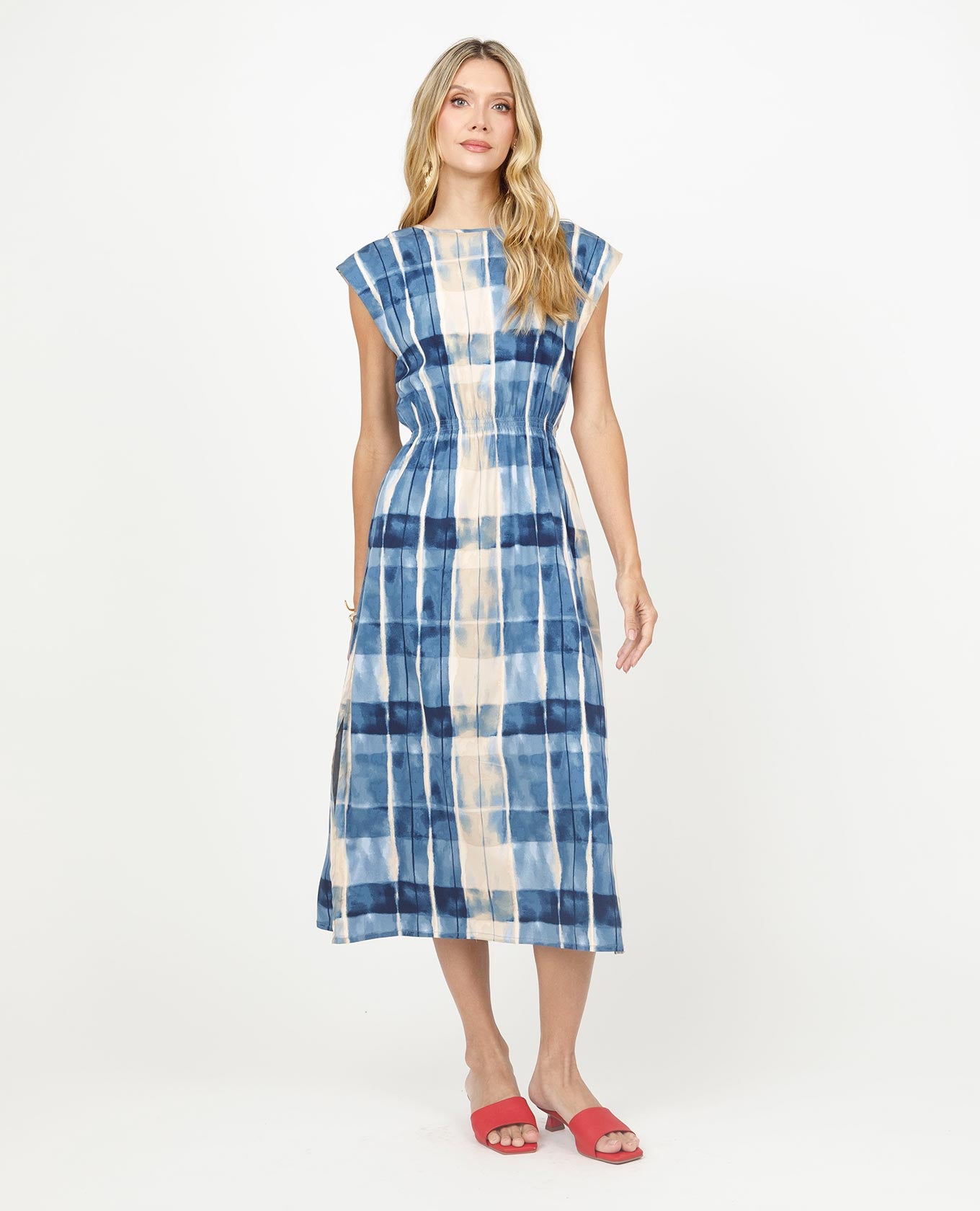 VESTIDO ESTAMPADO PARA MUJER MIDI CON CINTURA AJUSTADA Y MANGA RODADA Adrissa | Ropa para mujer Vestidos