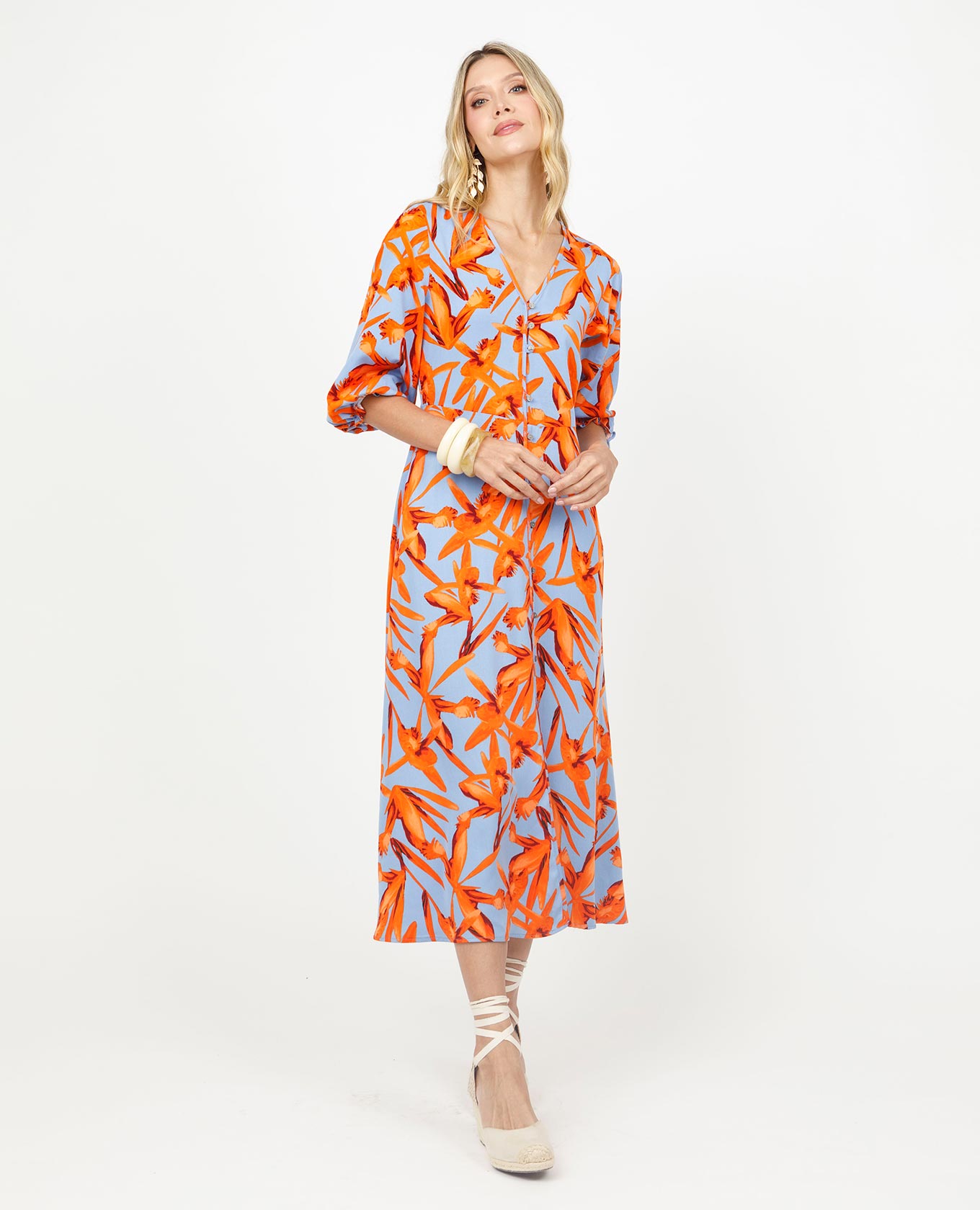 VESTIDO LARGO PARA MUJER ESTAMPADO CON ESCOTE V Y MANGA 3/4 Adrissa | Ropa para mujer Vestidos