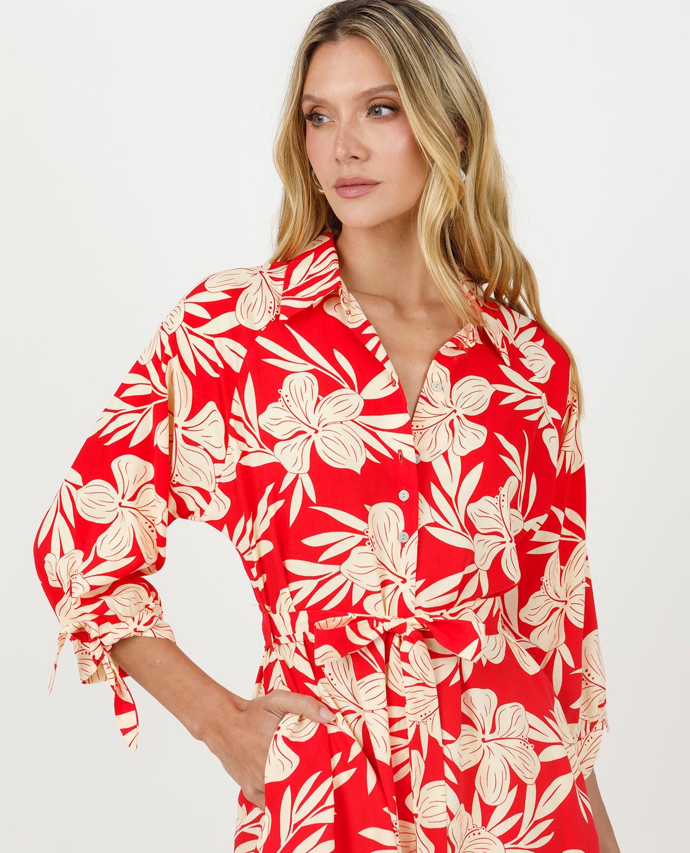 VESTIDO CAMISERO PARA MUJER ESTAMPADO CON DETALLE DE ANUDADO EN MANGAS Adrissa | Ropa para mujer Vestidos