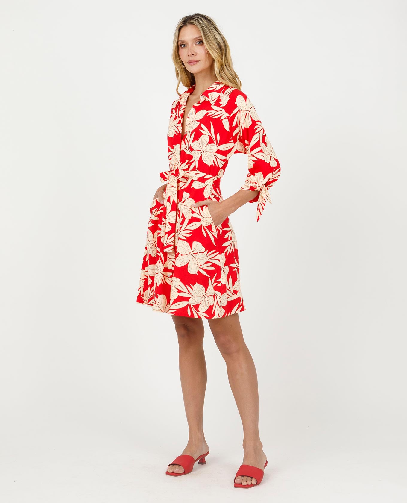 VESTIDO CAMISERO PARA MUJER ESTAMPADO CON DETALLE DE ANUDADO EN MANGAS Adrissa | Ropa para mujer Vestidos