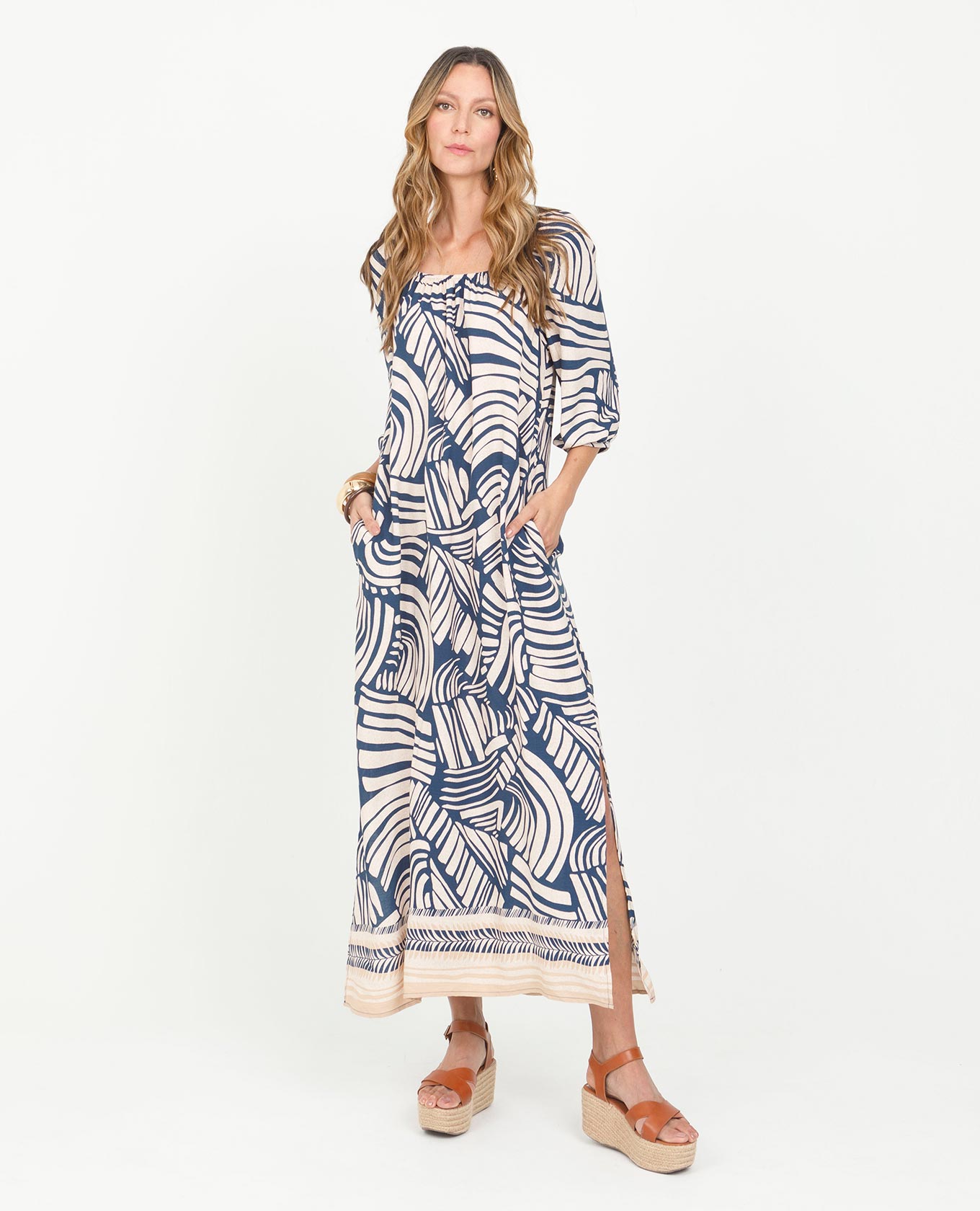 VESTIDO LARGO PARA MUJER ESTAMPADO CON CENEFA ESCOTE CUADRADO Y CINTURÓN Adrissa | Ropa para mujer Vestidos