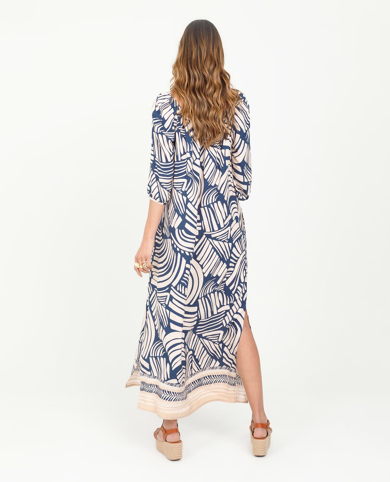 VESTIDO LARGO PARA MUJER ESTAMPADO CON CENEFA ESCOTE CUADRADO Y CINTURÓN Adrissa | Ropa para mujer Vestidos