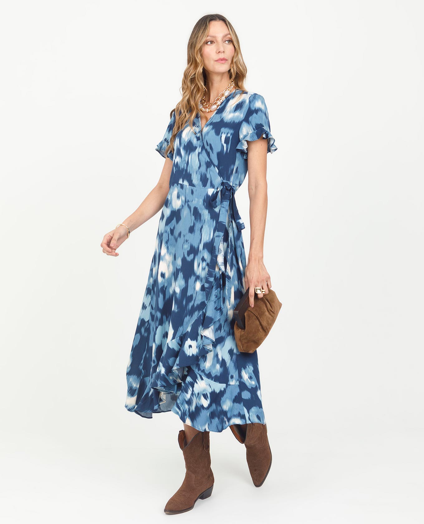 VESTIDO MIDI PARA MUJER ESTAMPADO SILUETA ENVOLVENTE MANGA CORTA Adrissa | Ropa para mujer Vestidos